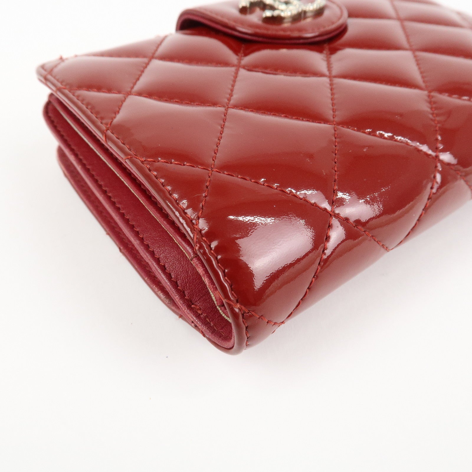 CHANEL Brilliant Patent Leather Bifold Wallet Red A48706 Used