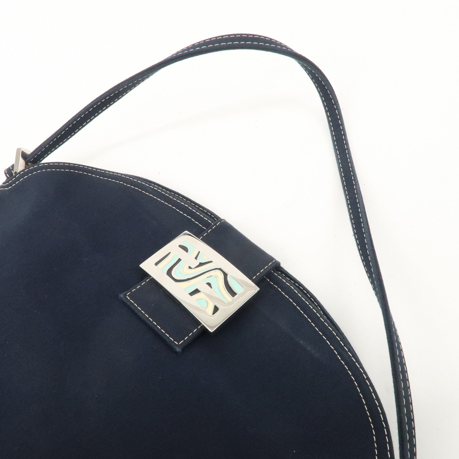 FENDI Canvas Shoulder Bag Navy Silver Hardware 26796