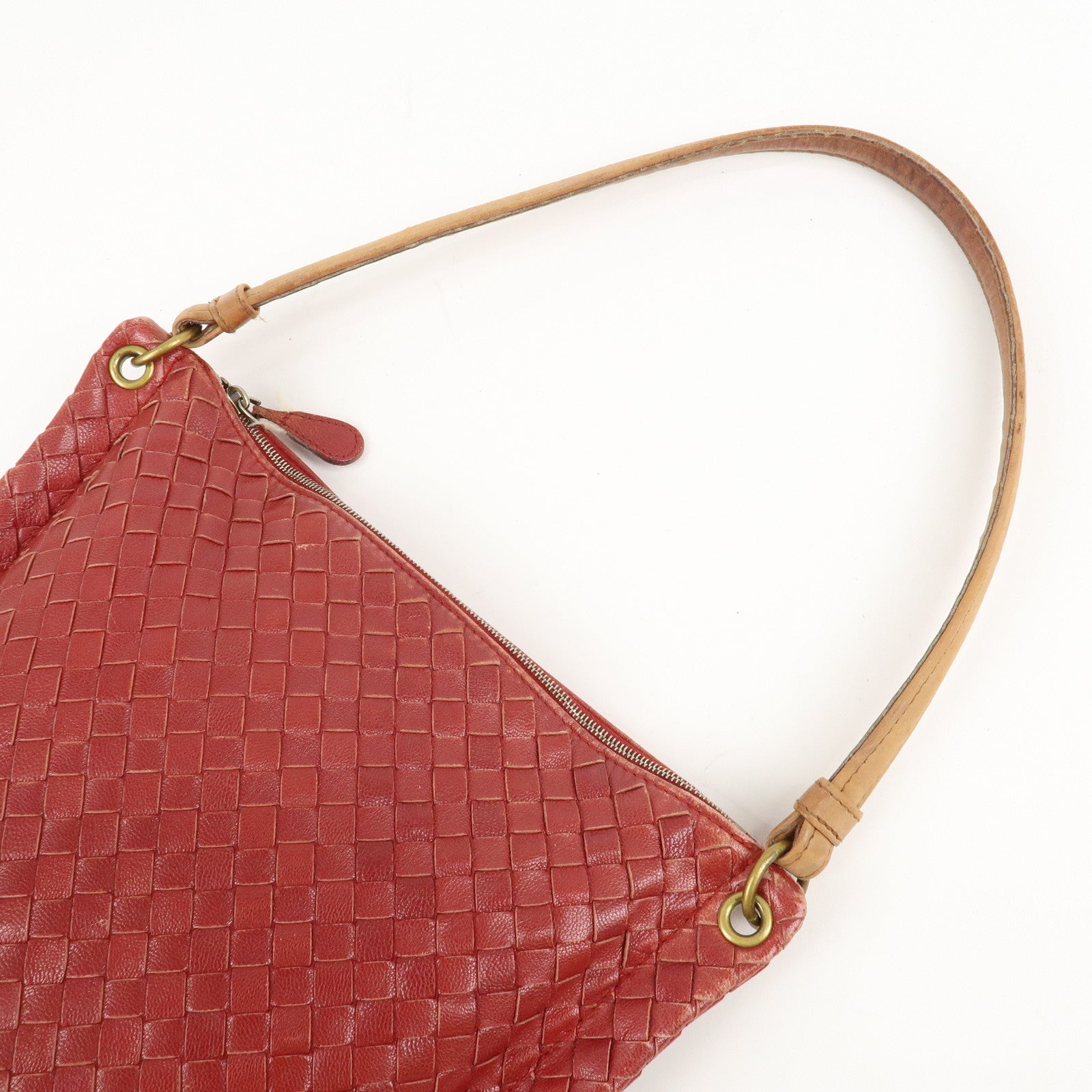 BOTTEGA VENETA Intrecciato Leather Shoulder Bag Red Beige 210236 Used