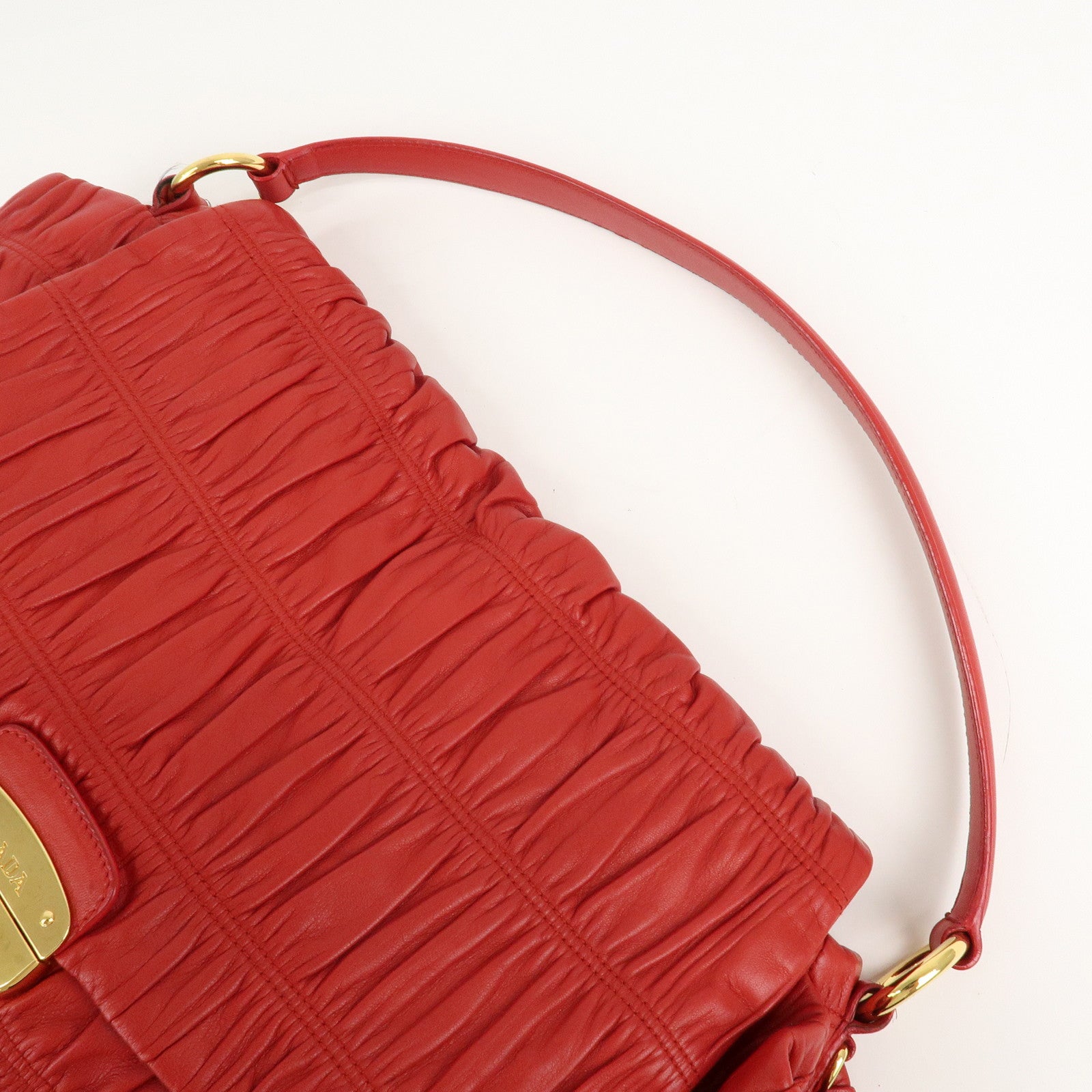 PRADA Logo Gathered Leather Shoulder Bag Hand Bag Red