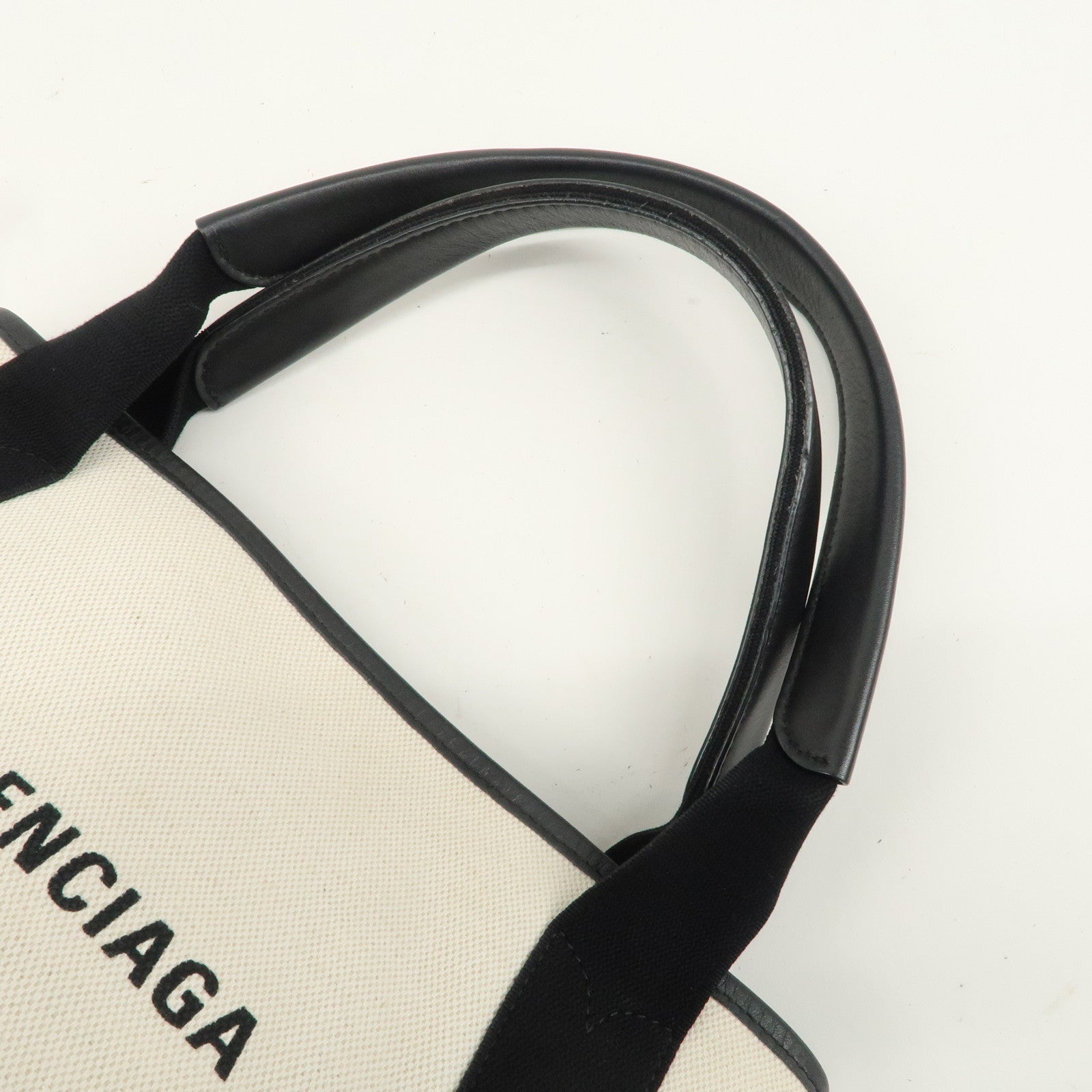 BALENCIAGA Navy Cabas S Canvas Leather Tote Bag Ivory Black 339933