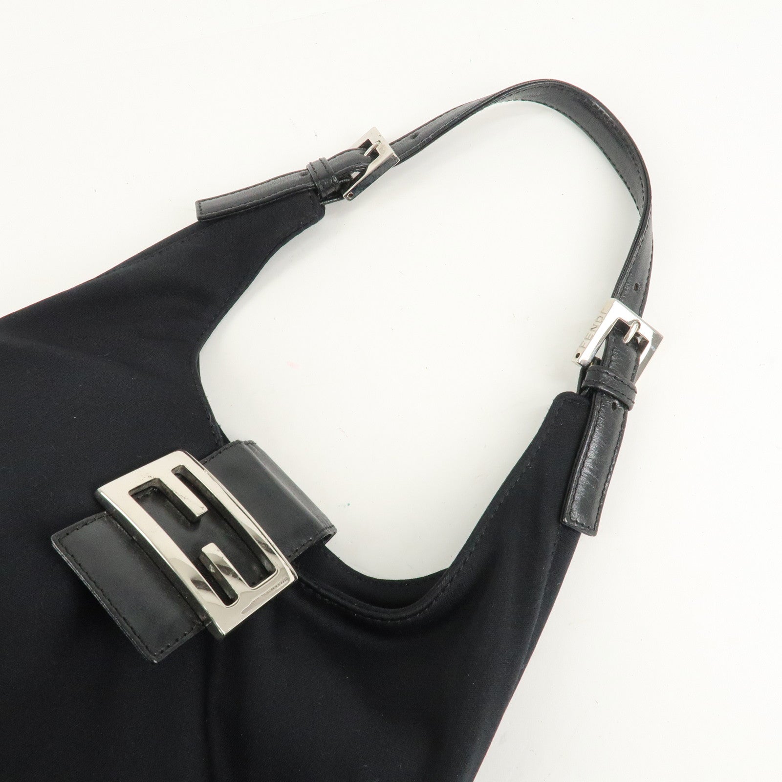 FENDI Cotton Leather Shoulder Bag Black 26686 Used