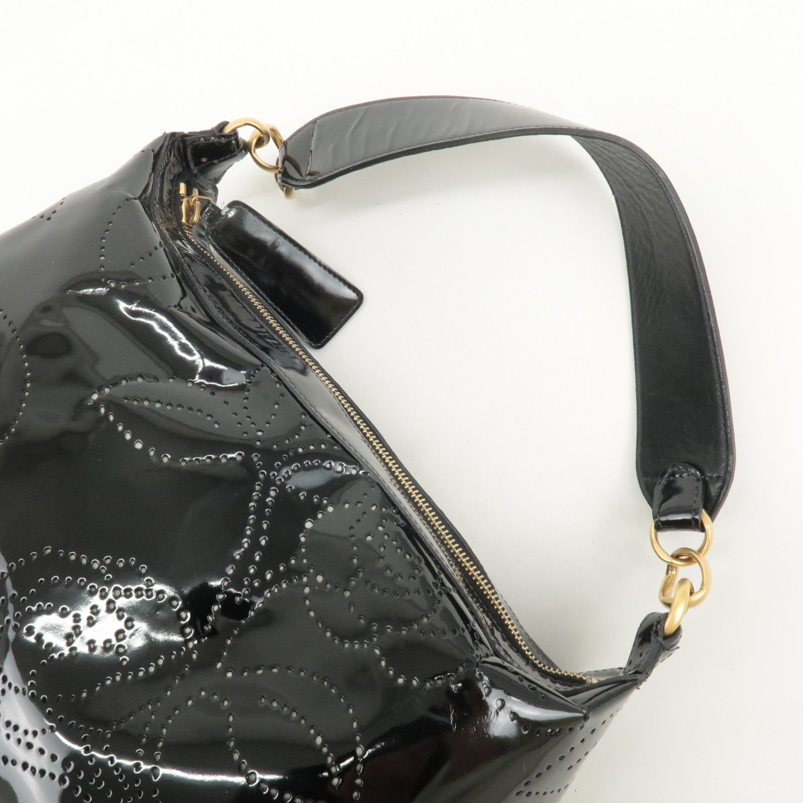 CHANEL Camellia Patent Leather One Shoulder Bag Black