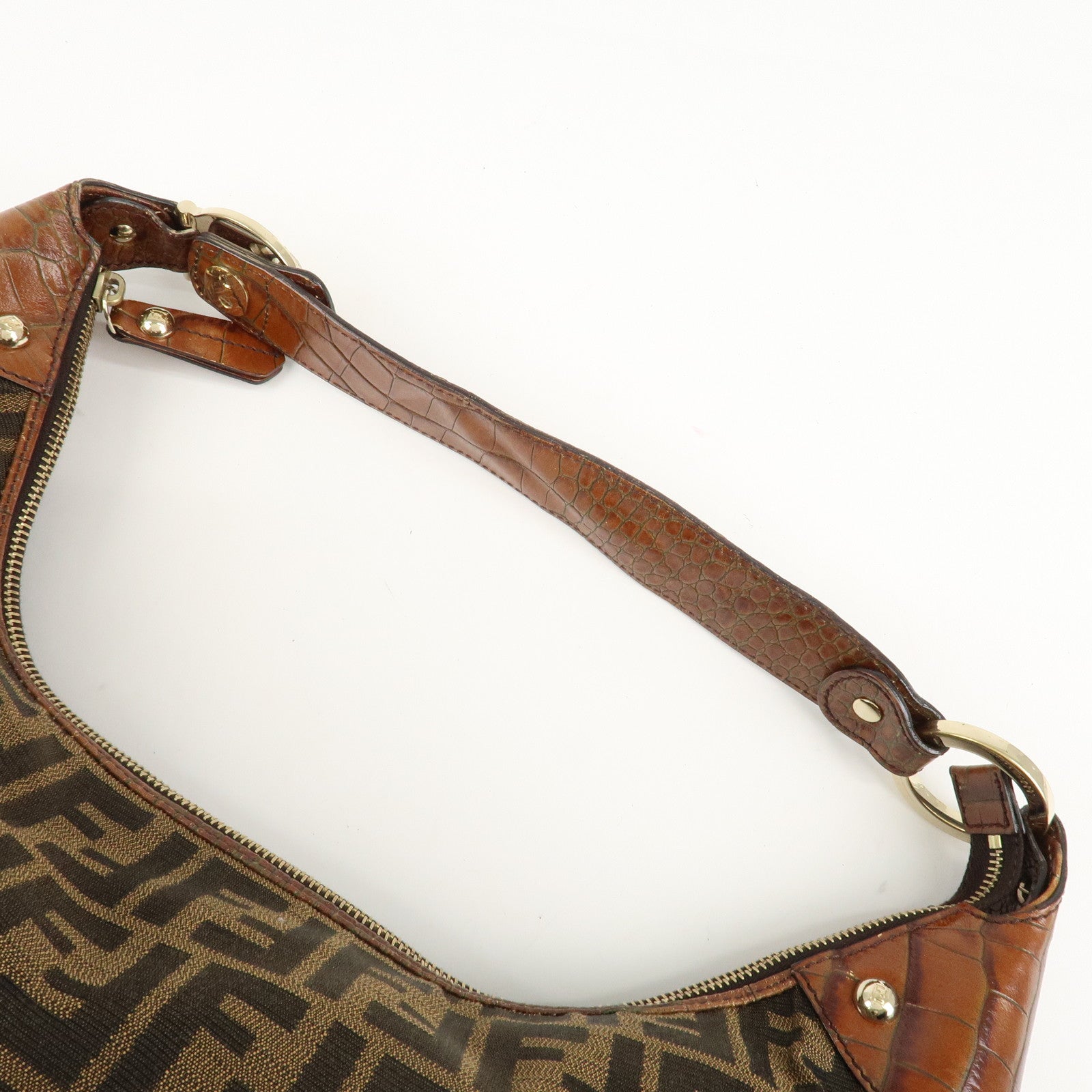 FENDI Zucca Canvas Embossed Leather Shoulder Bag Brown 8BR593