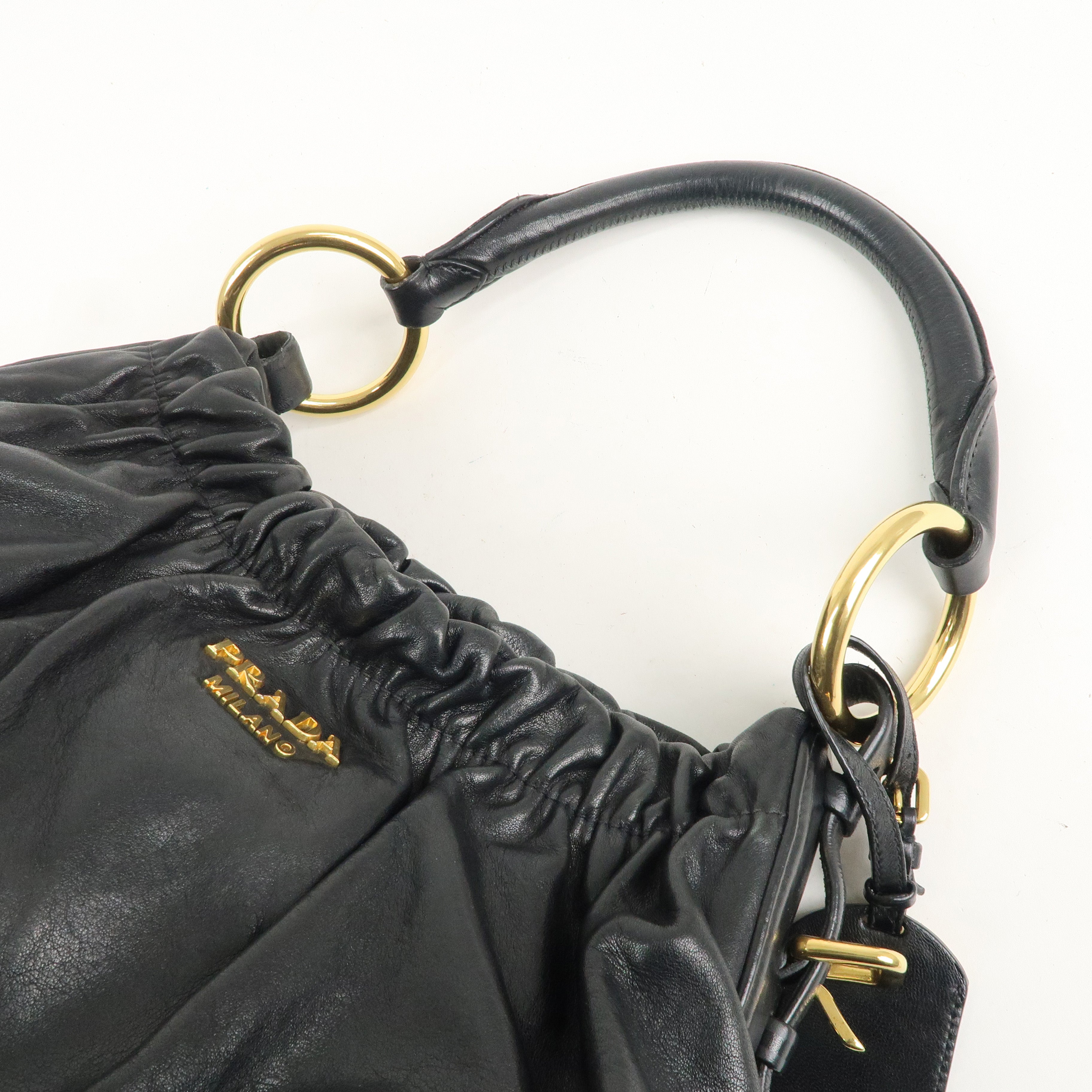 PRADA Logo Leather Shoulder Hand Bag Black Gold Hardware