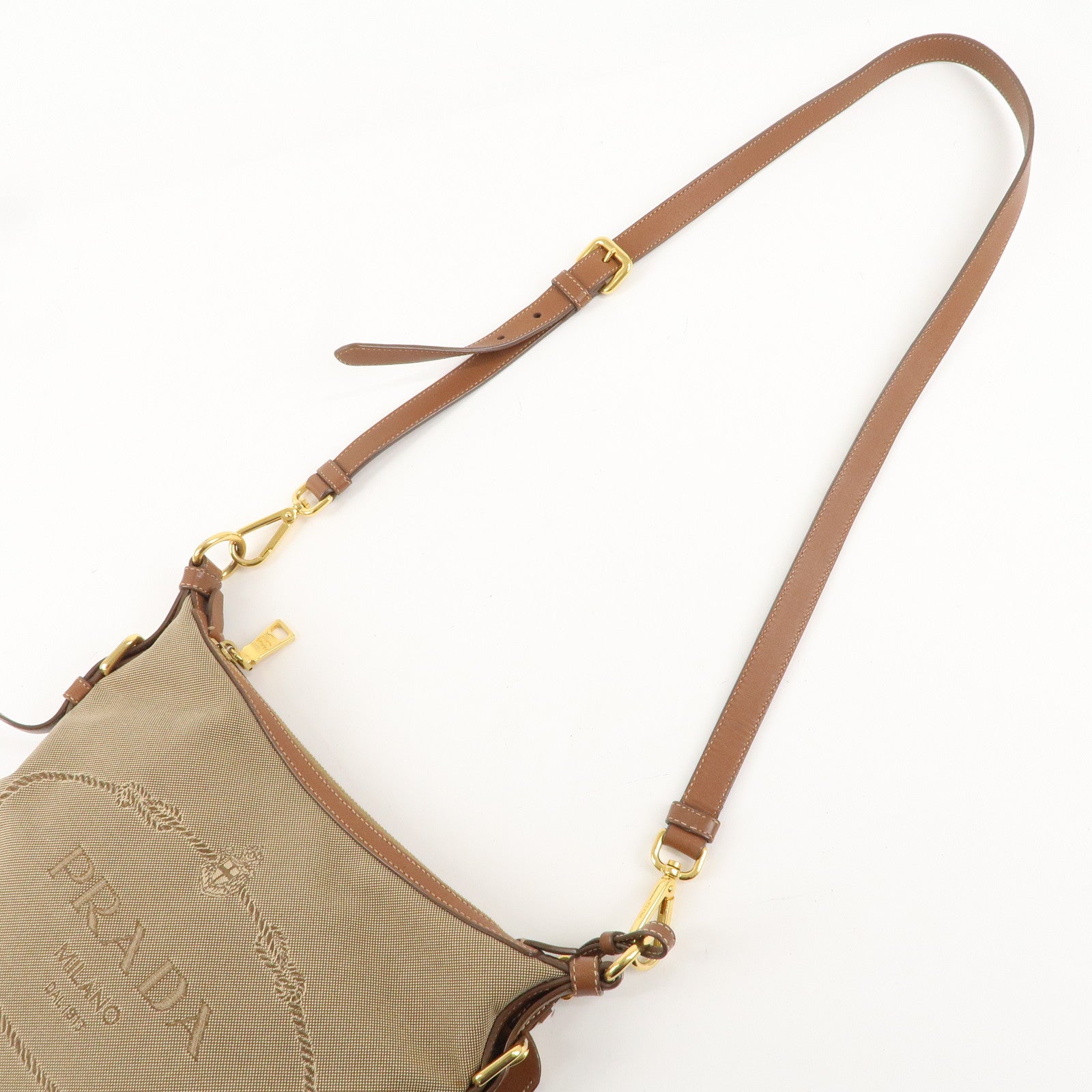 PRADA Logo Jacquard Leather Shoulder Bag Beige Brown BT0706