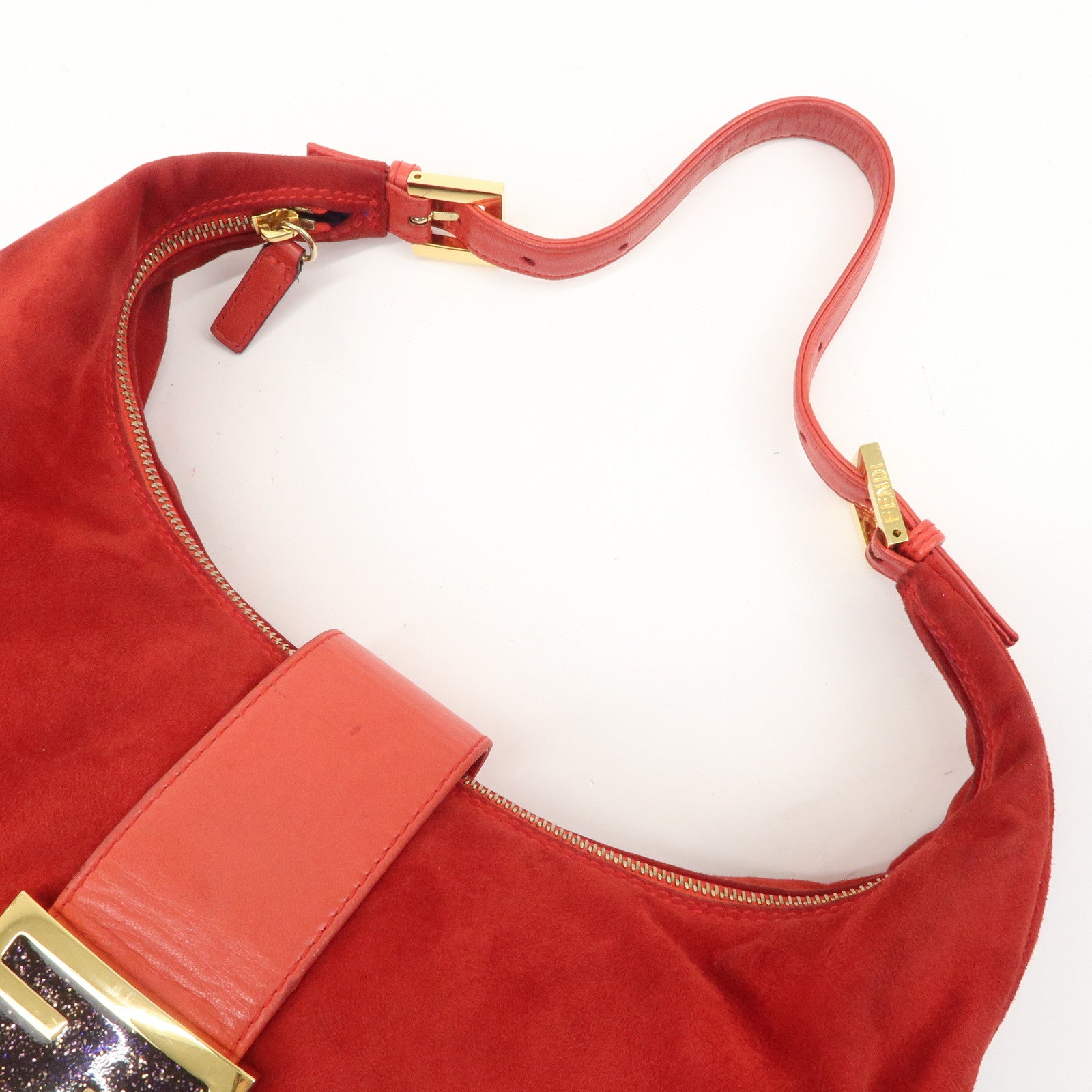 FENDI Suede Leather Shoulder Bag Red Gold Hardware