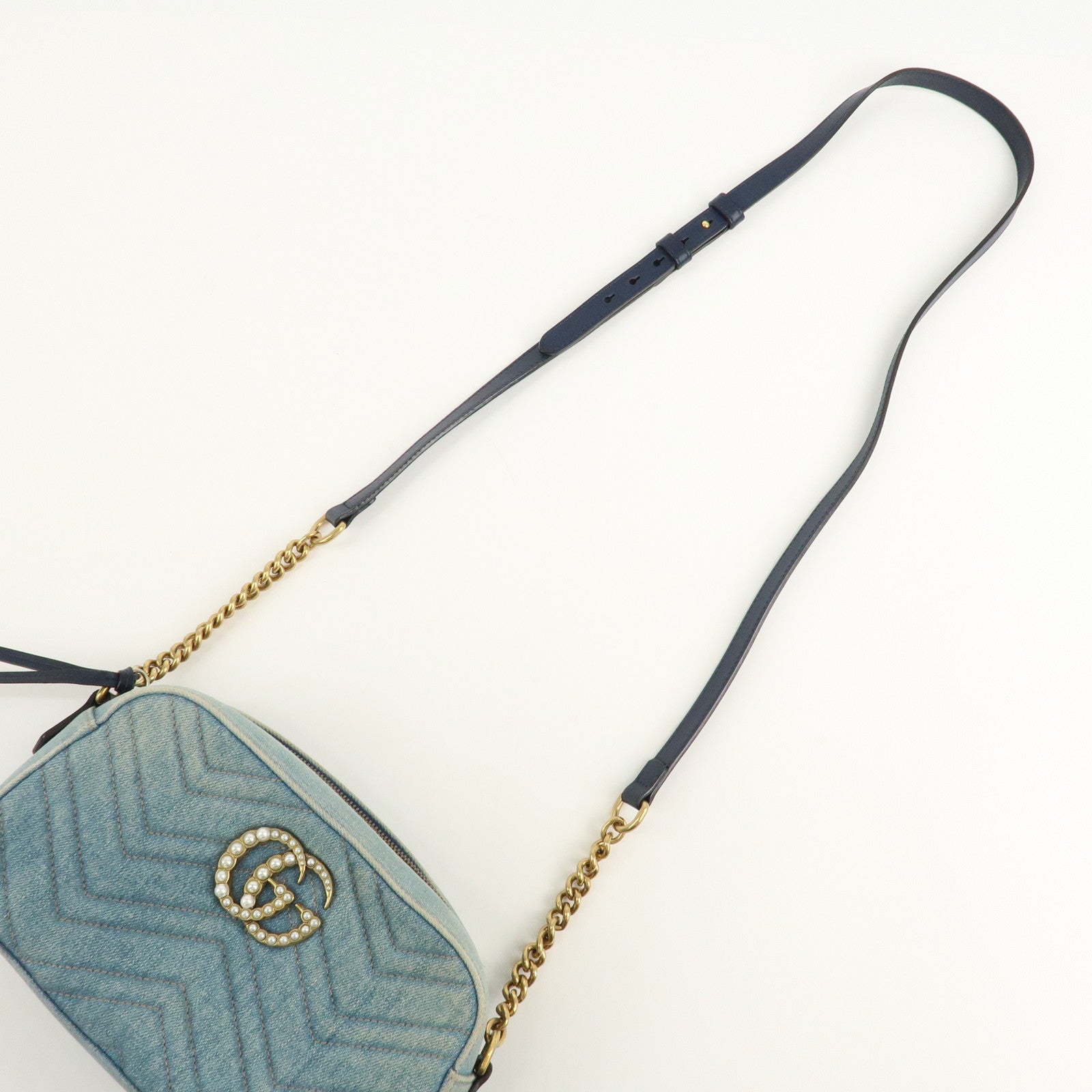 GUCCI GG Marmont Denim Leather Chain Shoulder Bag LIght Blue447632