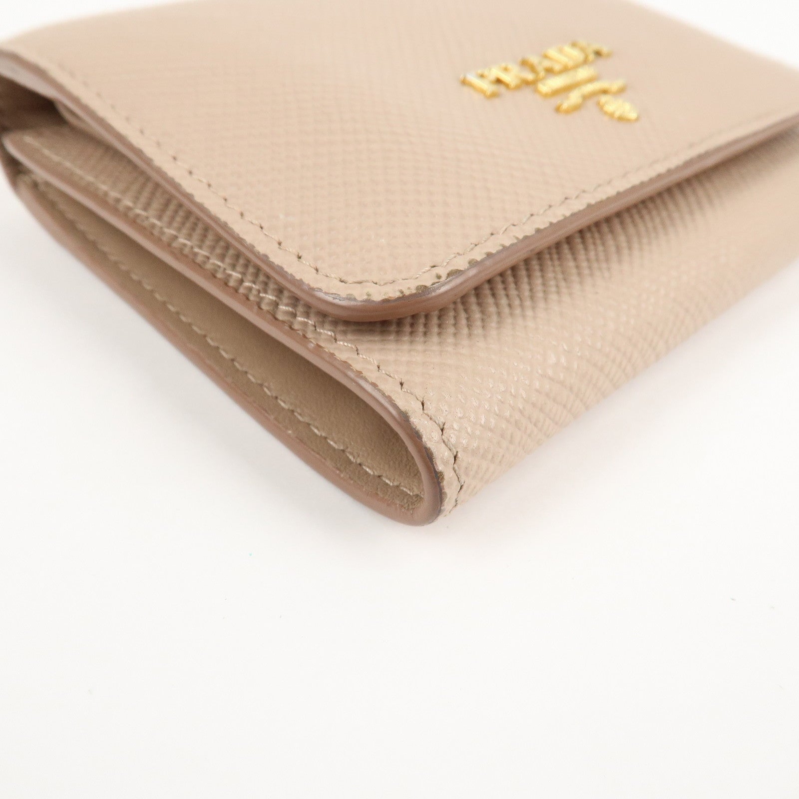 PRADA Saffiano Leather Trifold Compact Wallet Beige 1MH176