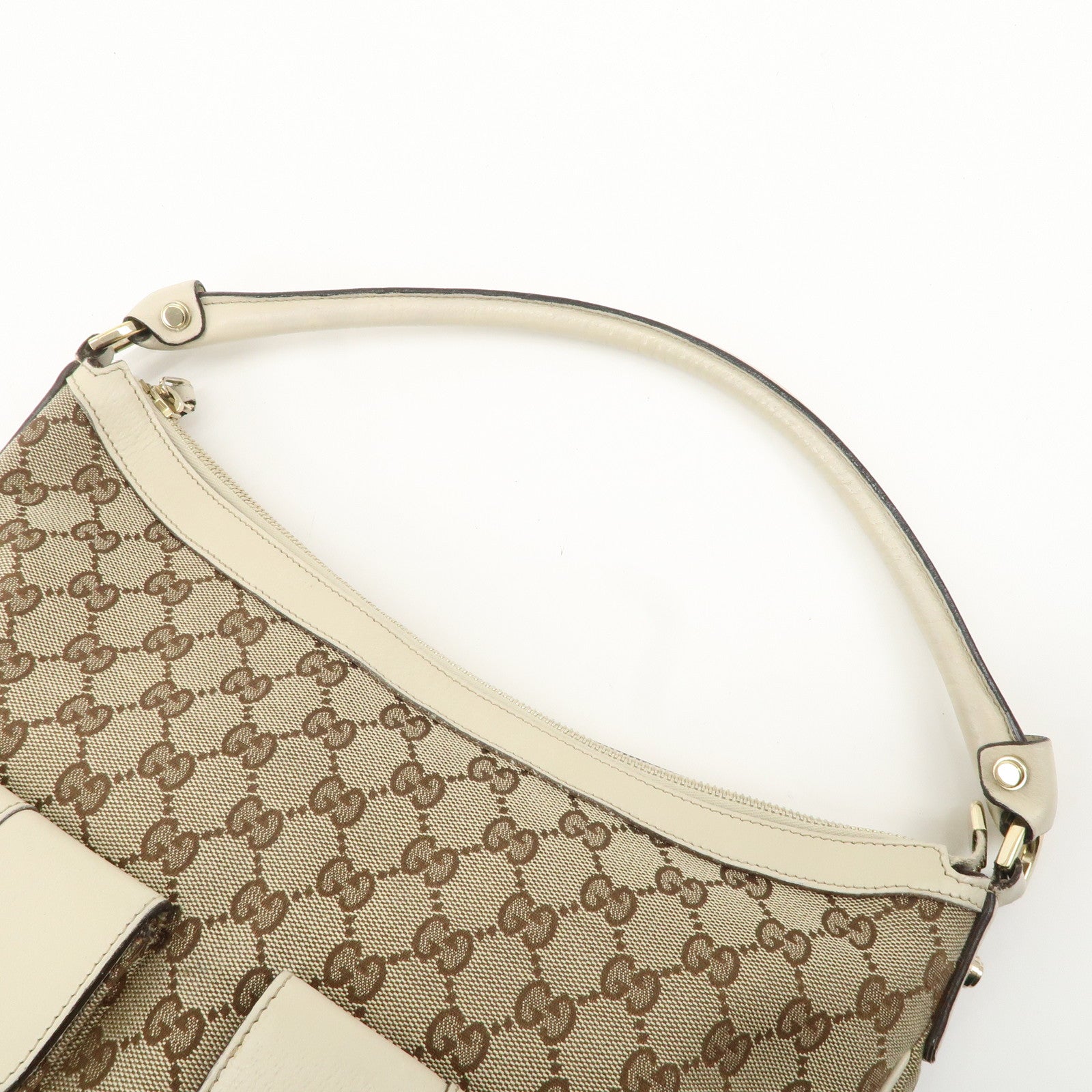 GUCCI GG Canvas Leather Shoulder Bag Beige Ivory 153025