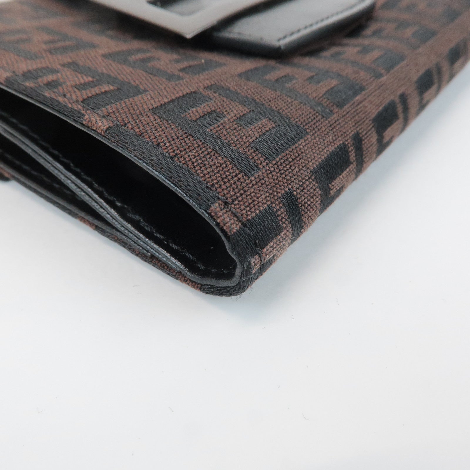 FENDI Zucca Canvas Leather Double Hook Wallet Brown Black 8M0035 Used