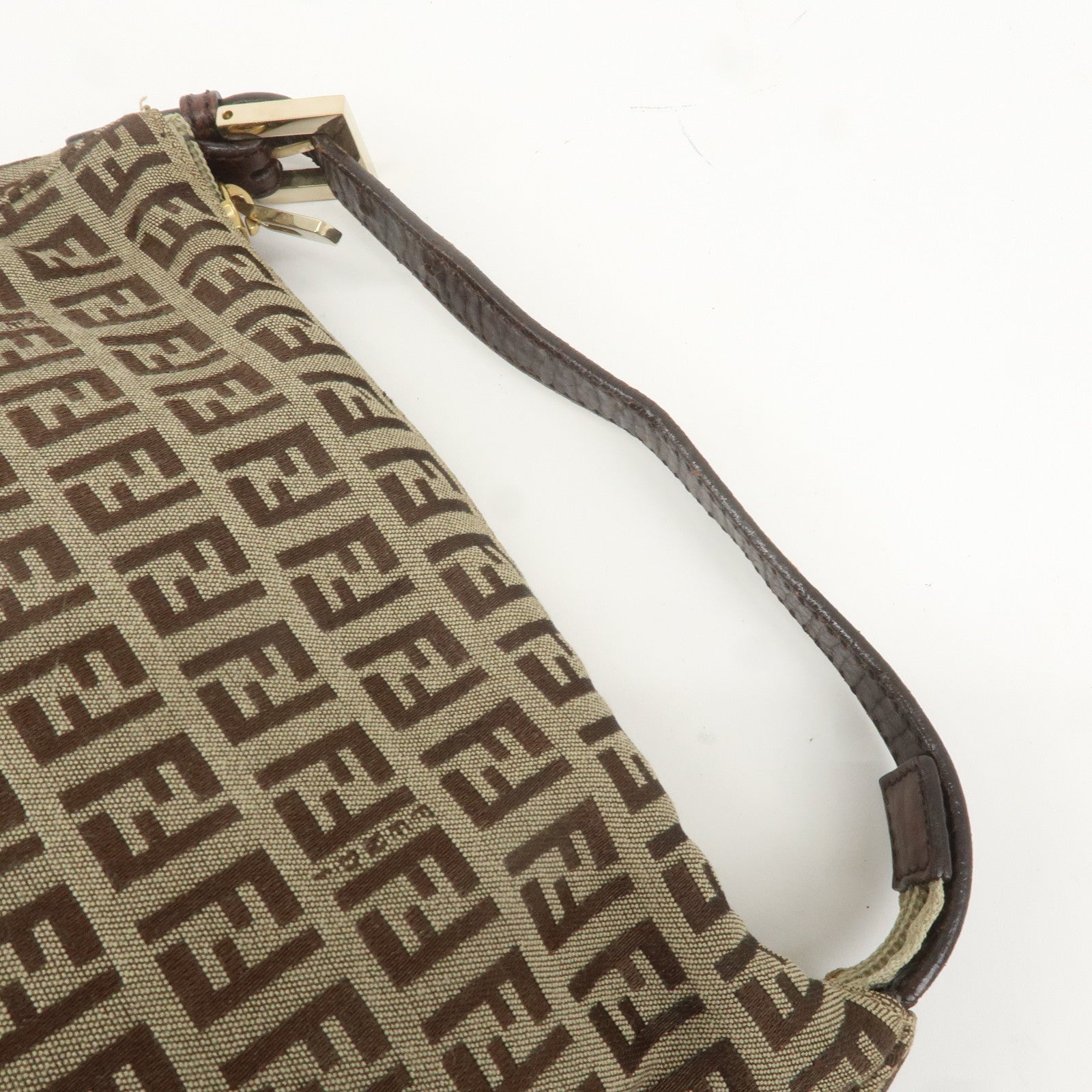 FENDI Zucchino Canvas Leather Hand Bag Pouch Khaki Brown 8N0005