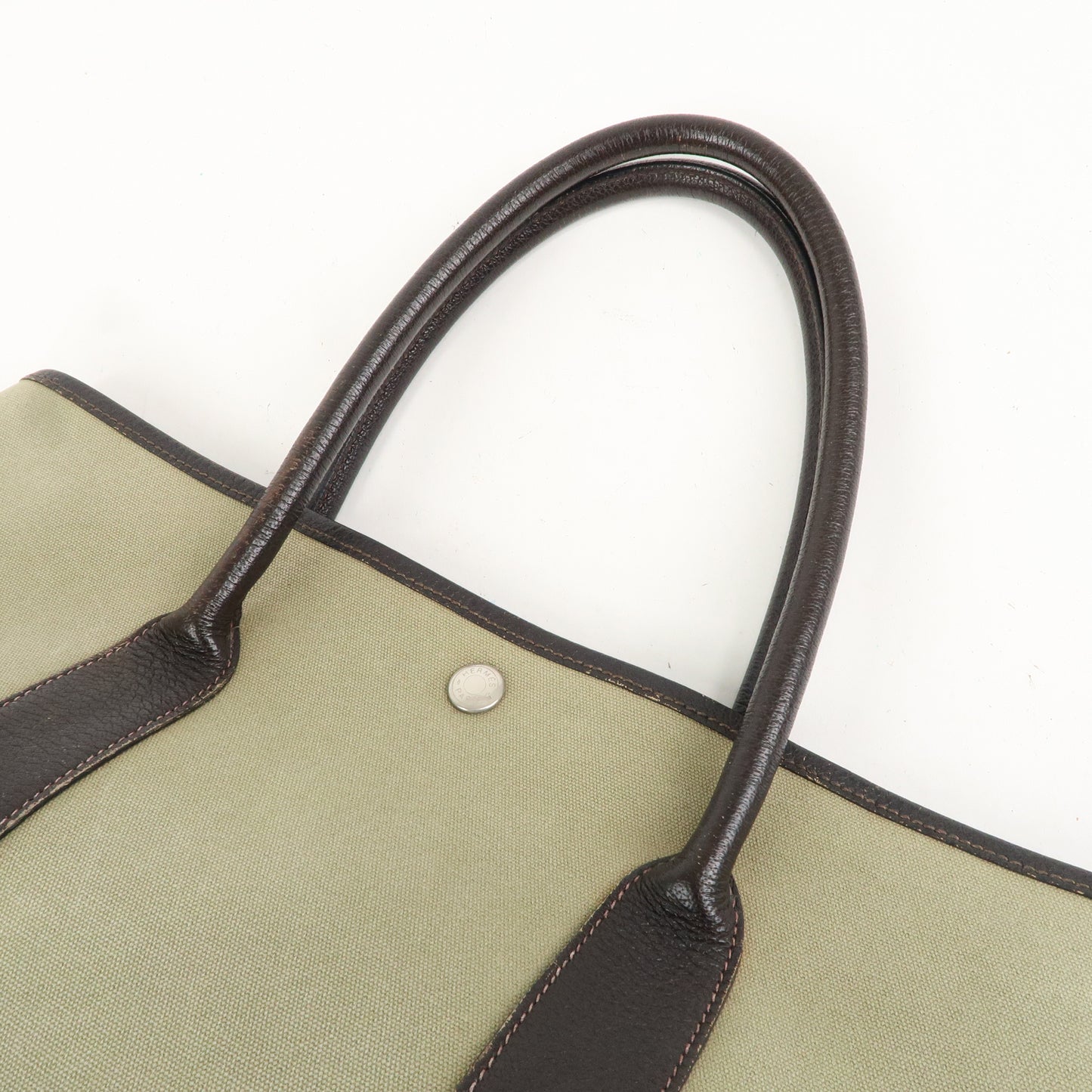 HERMES Canvas Leather Garden Party PM T Stamped Tote Bag Khaki