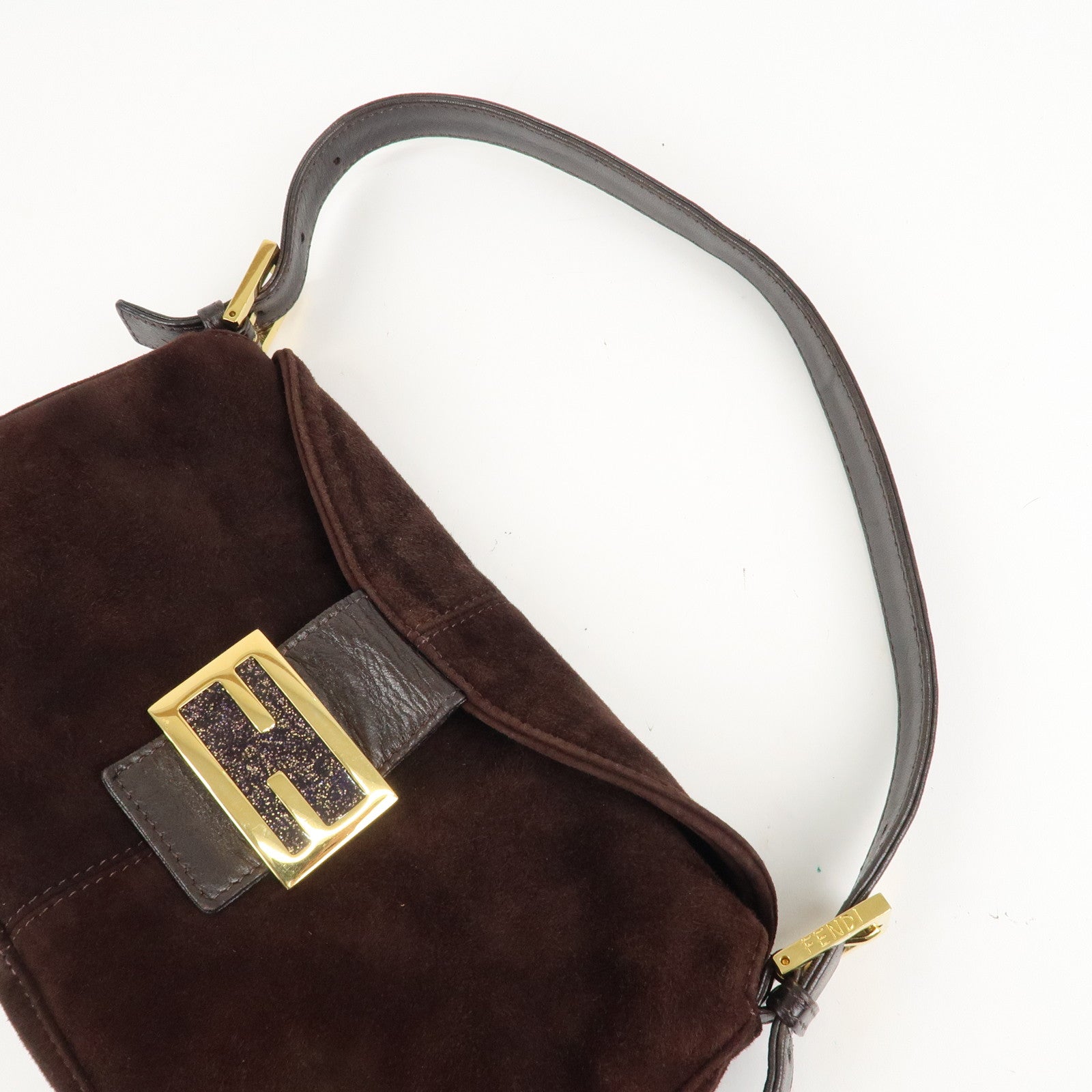 FENDI Suede Semi-Shoulder Bag Hand Bag Dark Brown Gold HDW 26725