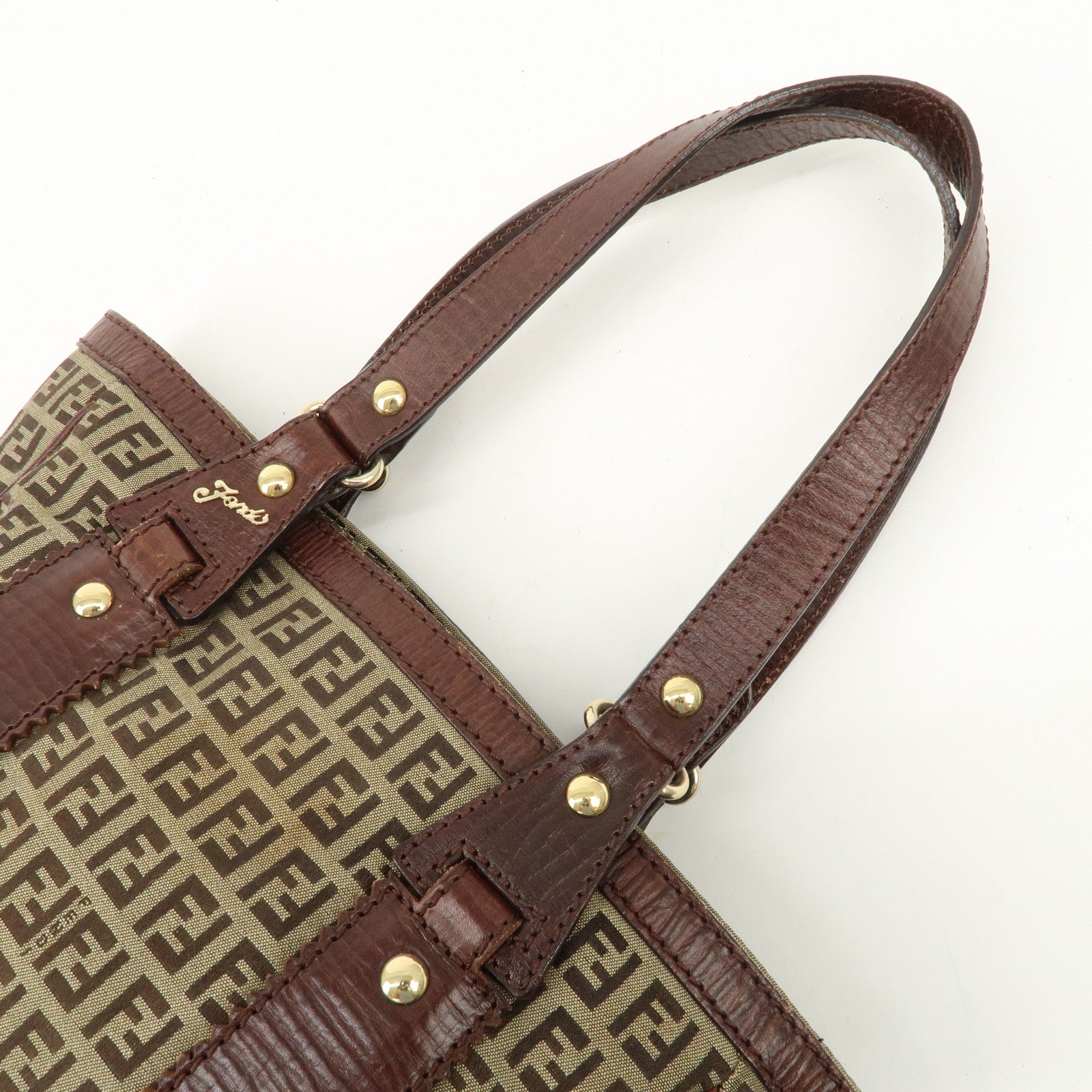 FENDI Zucchino Canvas Leather Tote Bag Khaki Brown 8BH161 Used