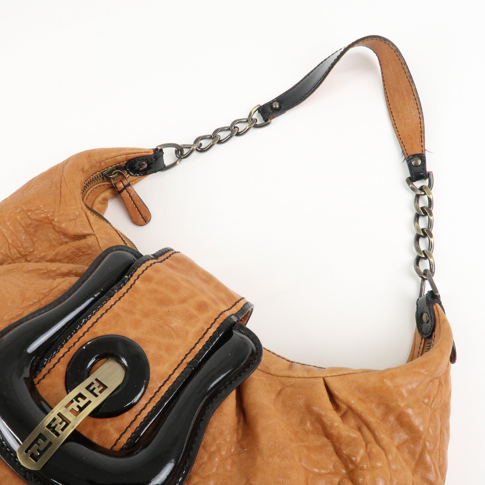 FENDI Leather Patent Leather Chain Shoulder Bag Brown 8BR563