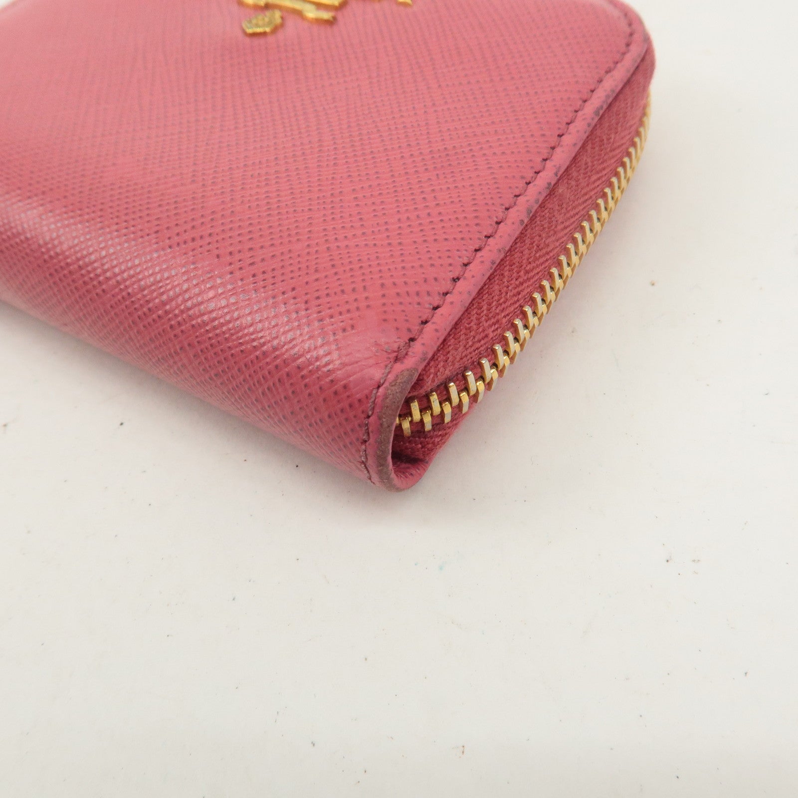 PRADA Logo Saffiano Leather Round Zipper Small Wallet Pink 1MM268