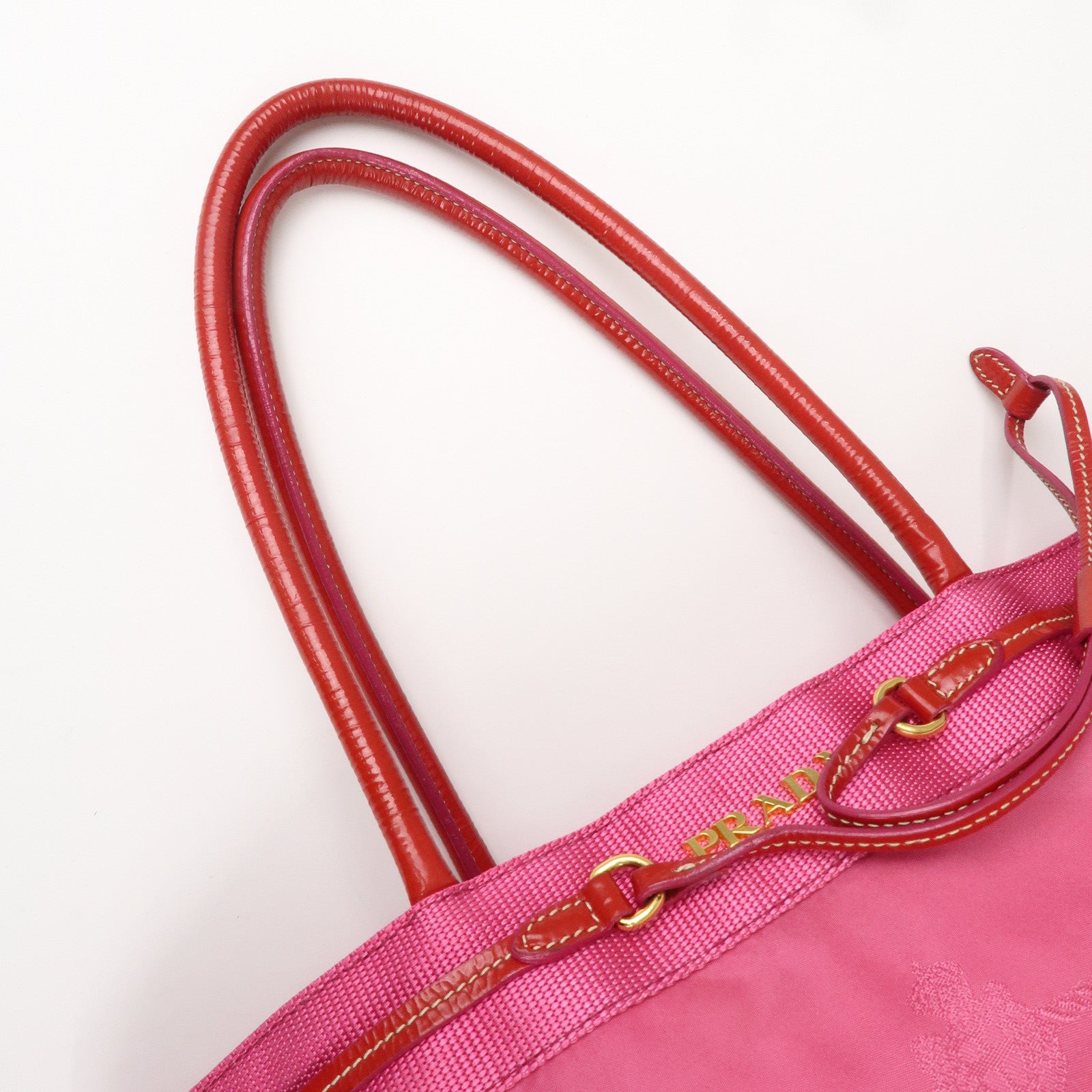 PRADA Nylon Patent Leather Logo Tote Bag Pink Red