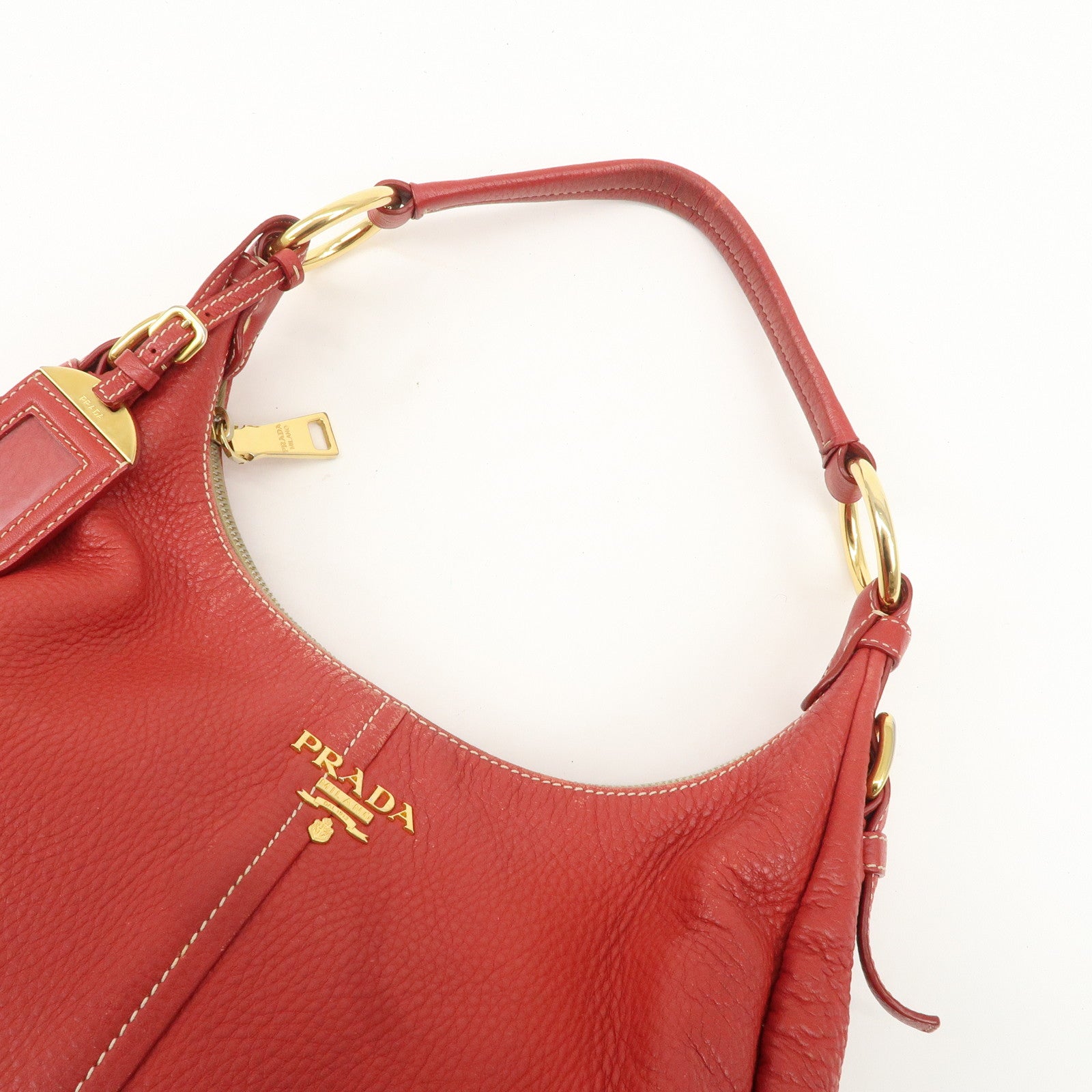 PRADA Logo Leather Shoulder Bag Hand Bag Red BR4373