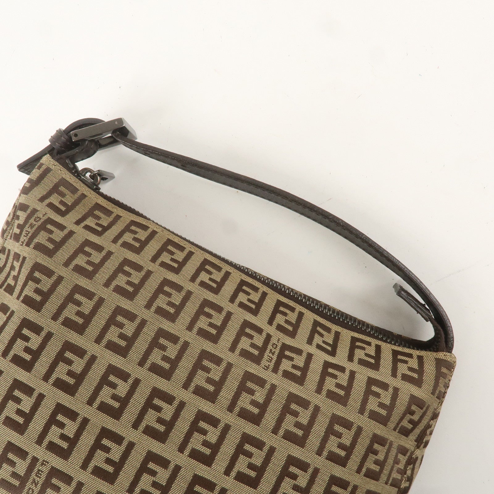 FENDI Zucchino Canvas Leather Hand Bag Pouch Khaki 8N0005