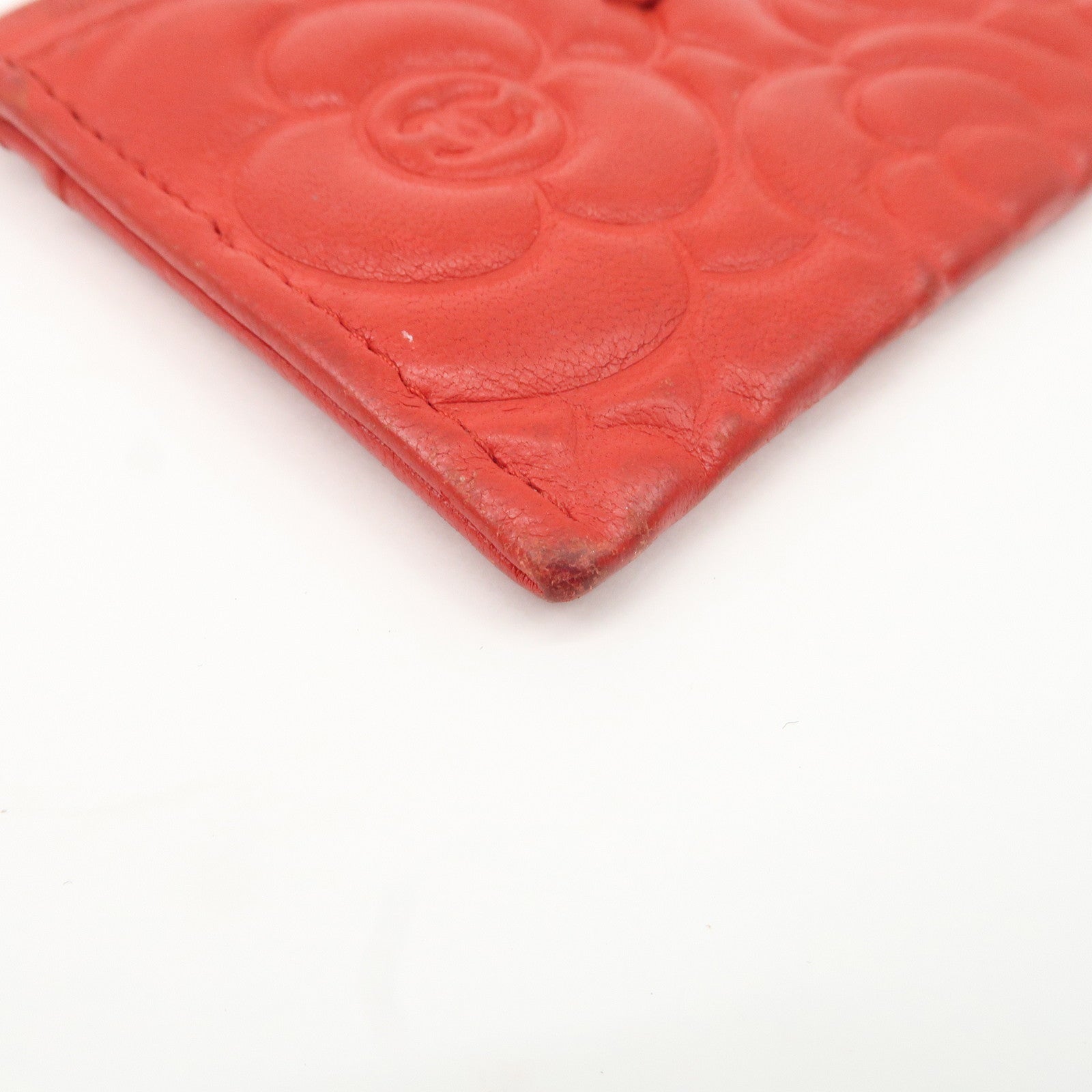 CHANEL Camellia Lambskin Embossed Card Case Red A3173855