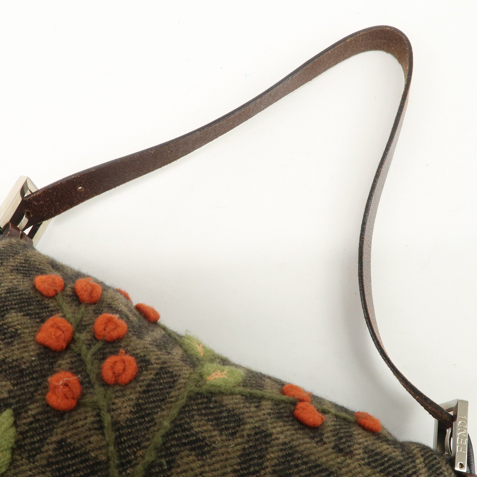 FENDI Mamma Baguette Wool Leather Shoulder Bag Tree Motif Khaki Used