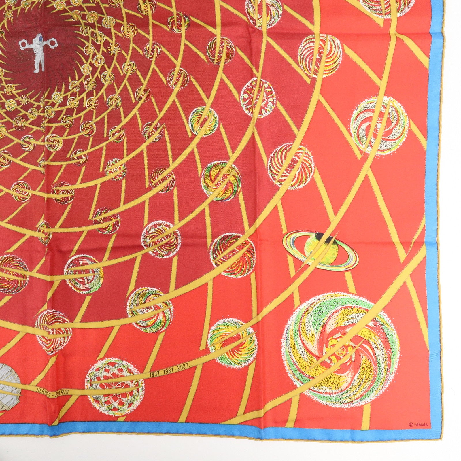 HERMES Carre 90 Silk 100% Scarf LES FEUX DE LESPACE Red Gold Blue