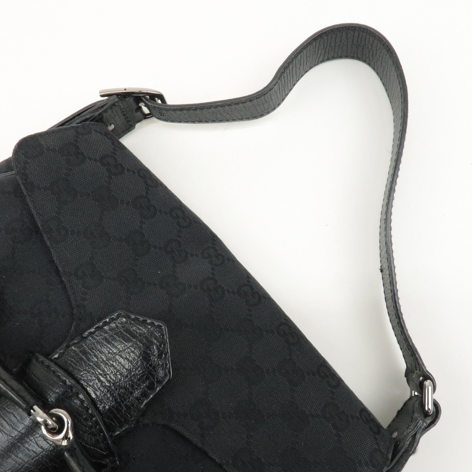 GUCCI Horsebit GG Canvas Leather Shoulder Bag Black 114915