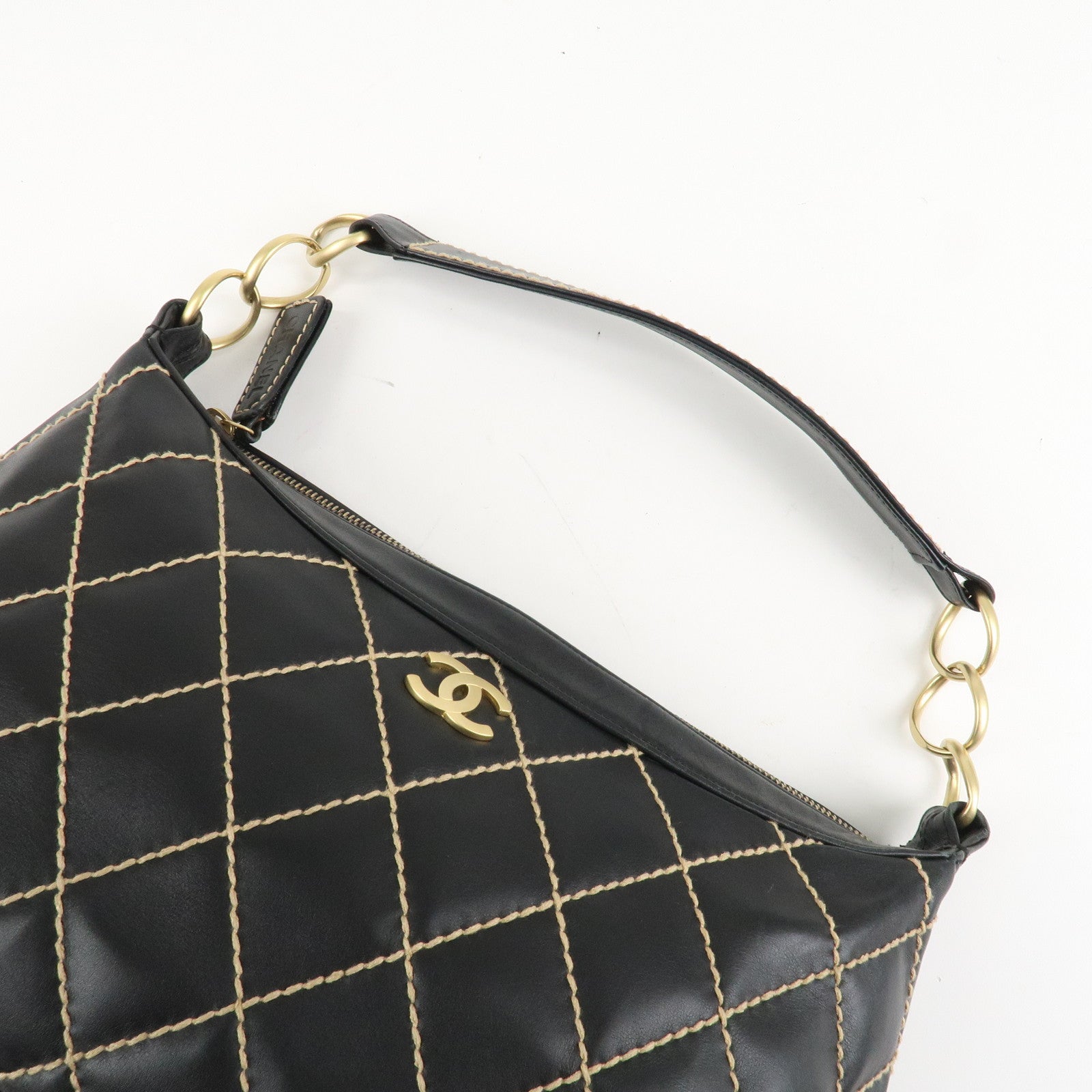 CHANEL Wild Stitch Lamb Skin Shoulder Bag Hand Bag Black A20663 Used