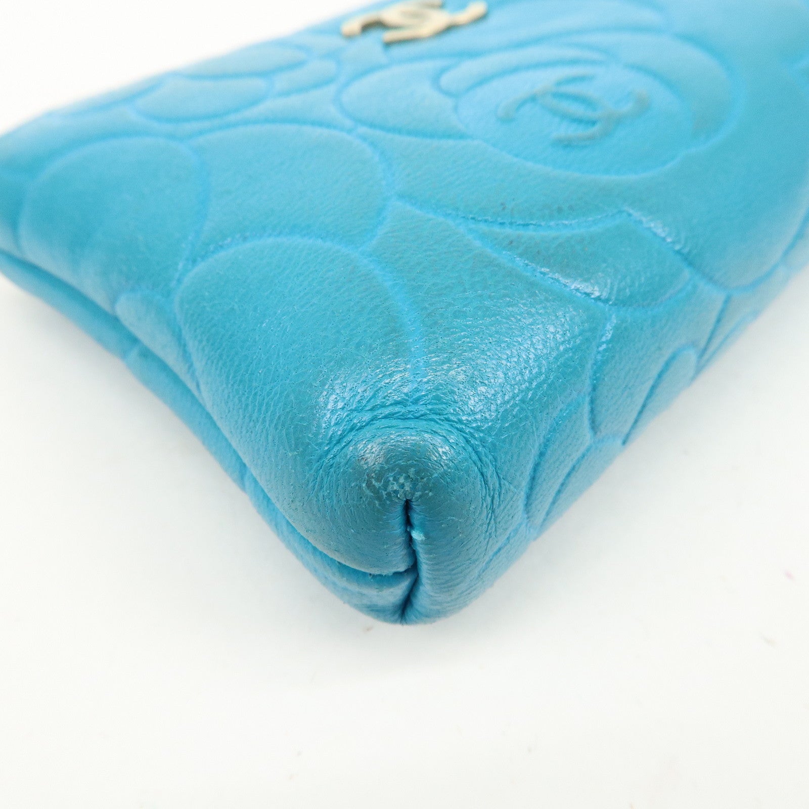 CHANEL Camellia Coco Mark Lamb Skin Coin Case Blue A50090