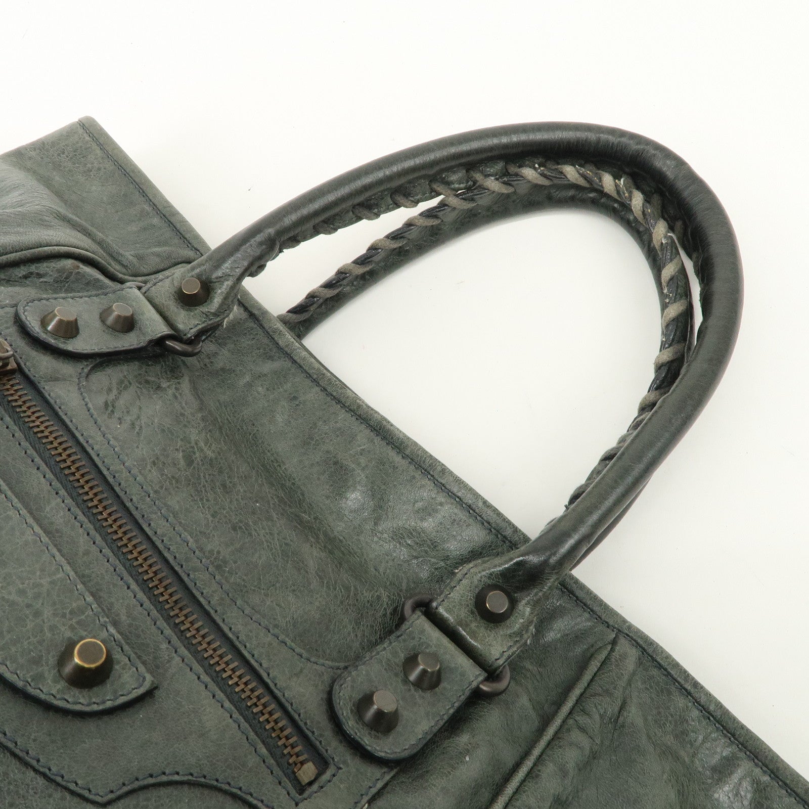 BALENCIAGA Leather The Sunday Tote Hand Bag Dark Green 228750