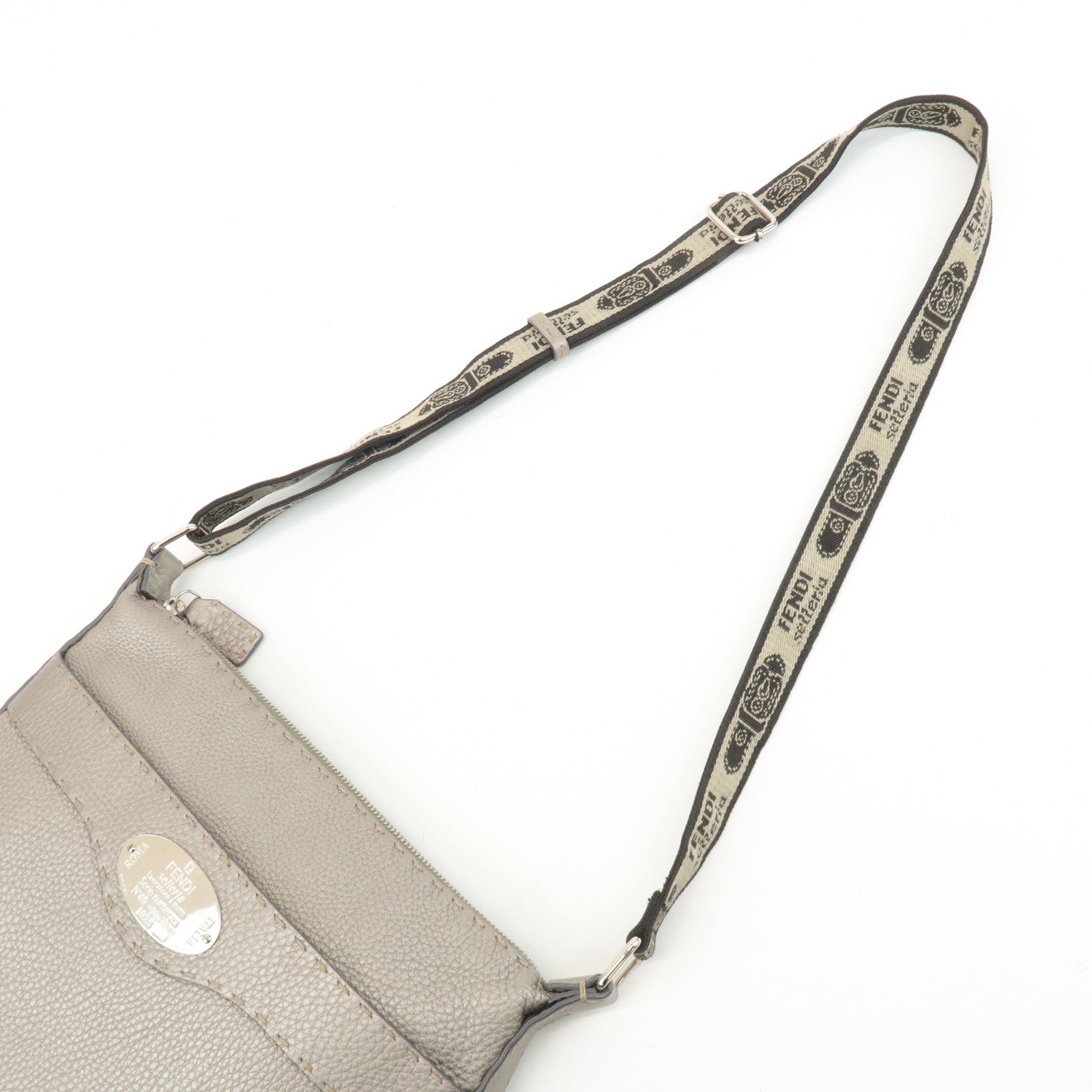 FENDI Selleria Leather Shoulder Bag Champagne Gray 8BT109