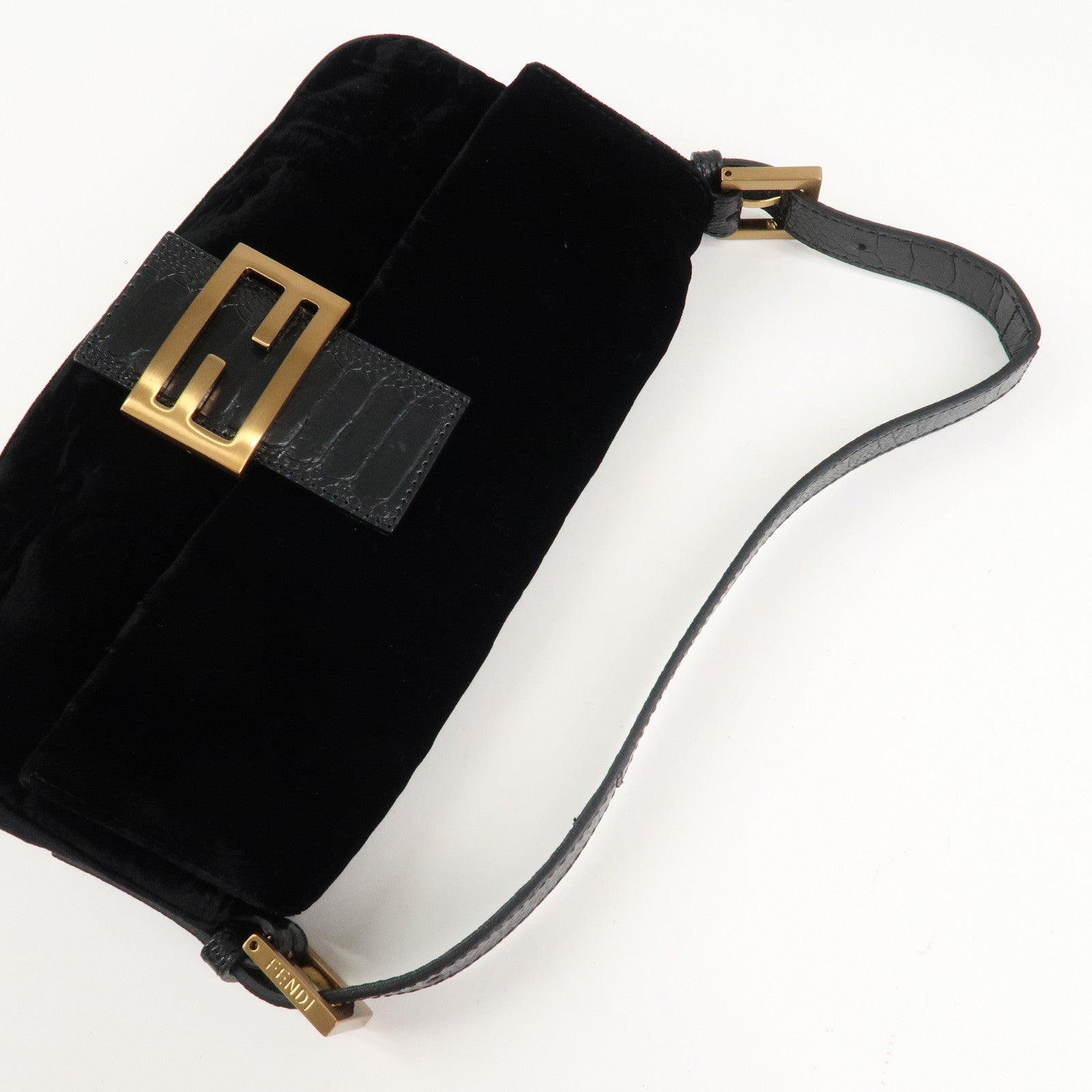 FENDI Mamma Baguette Polyester Leather Shoulder Bag Black 8BR000