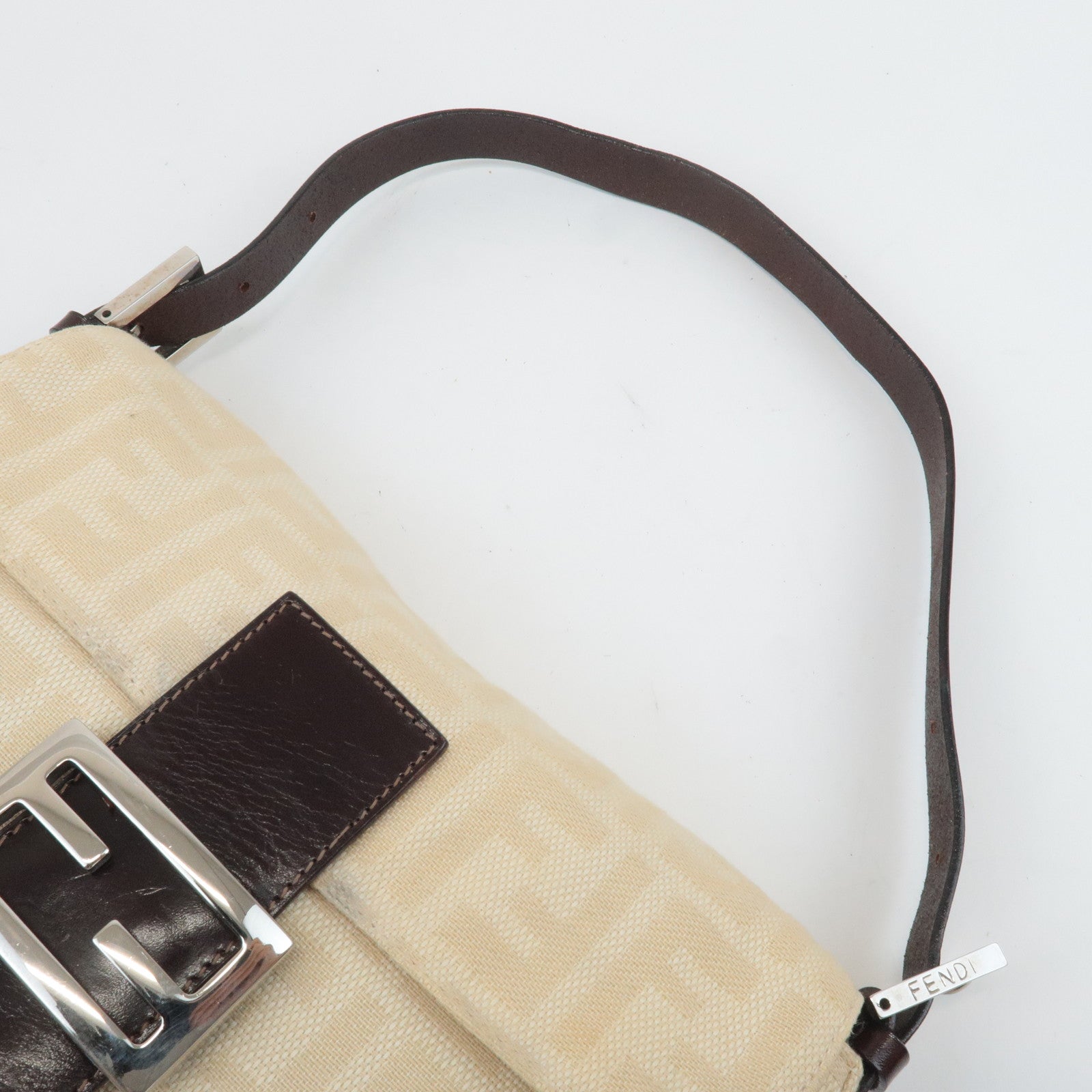 FENDI Mamma Baguette Canvas Leather Shoulder Bag Beige 26424