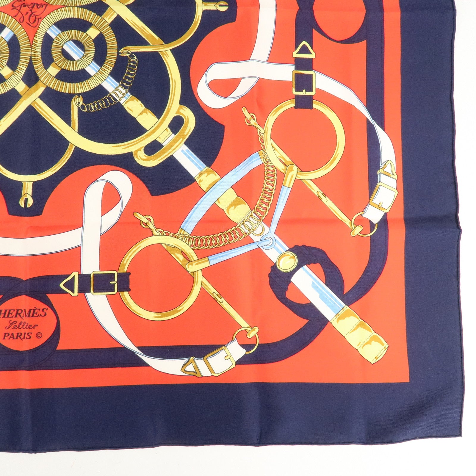 HERMES Carre 90 100% Silk Scarf Eperon d'or Red Navy Gold Used