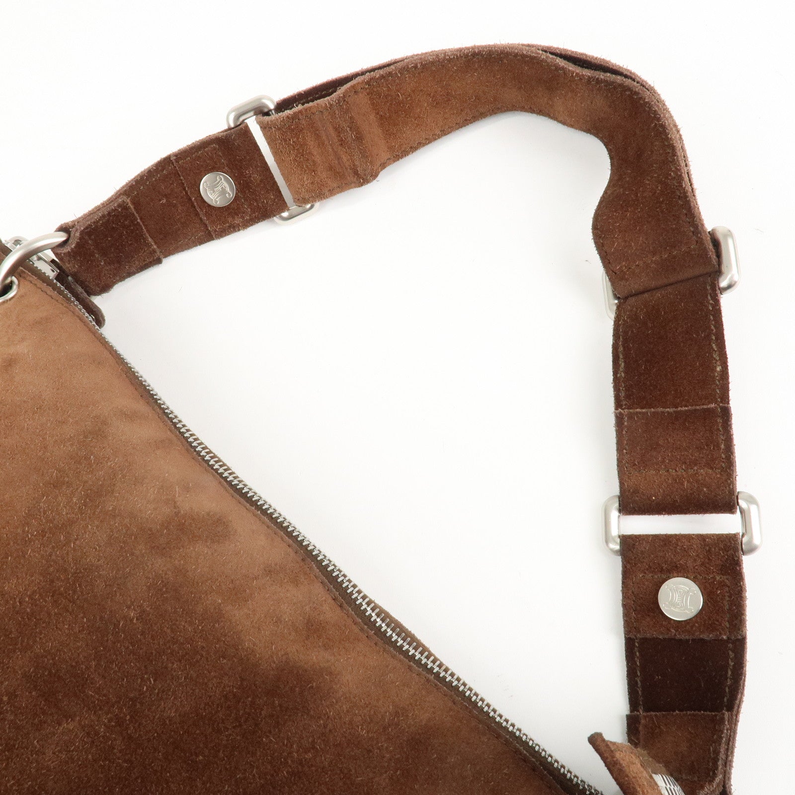 CELINE Suede Leather Shoulder Bag Macadam Engraved Flower Brown Used