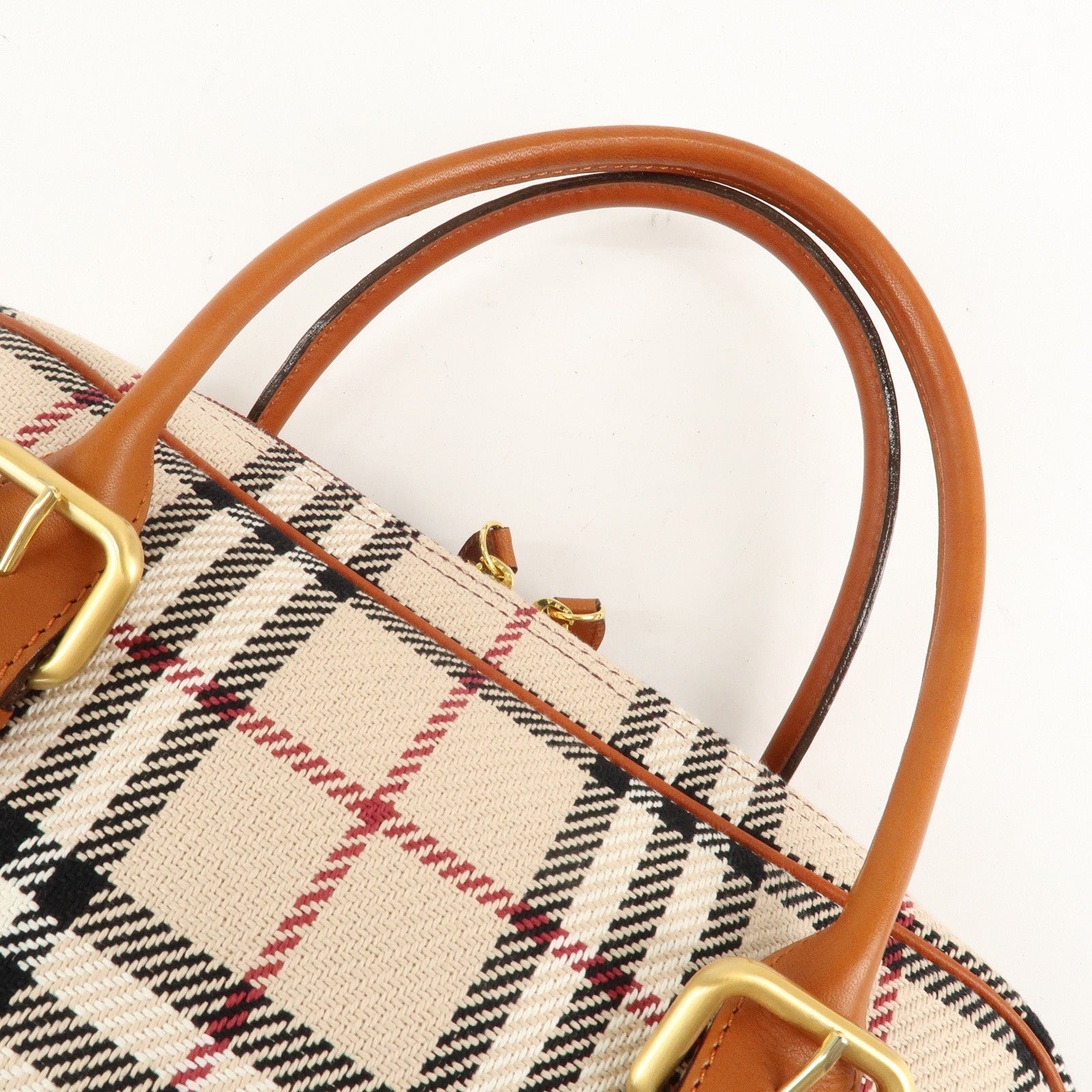 BURBERRY Leather Hand Bag Boston Bag Nova Plaid Brown Used