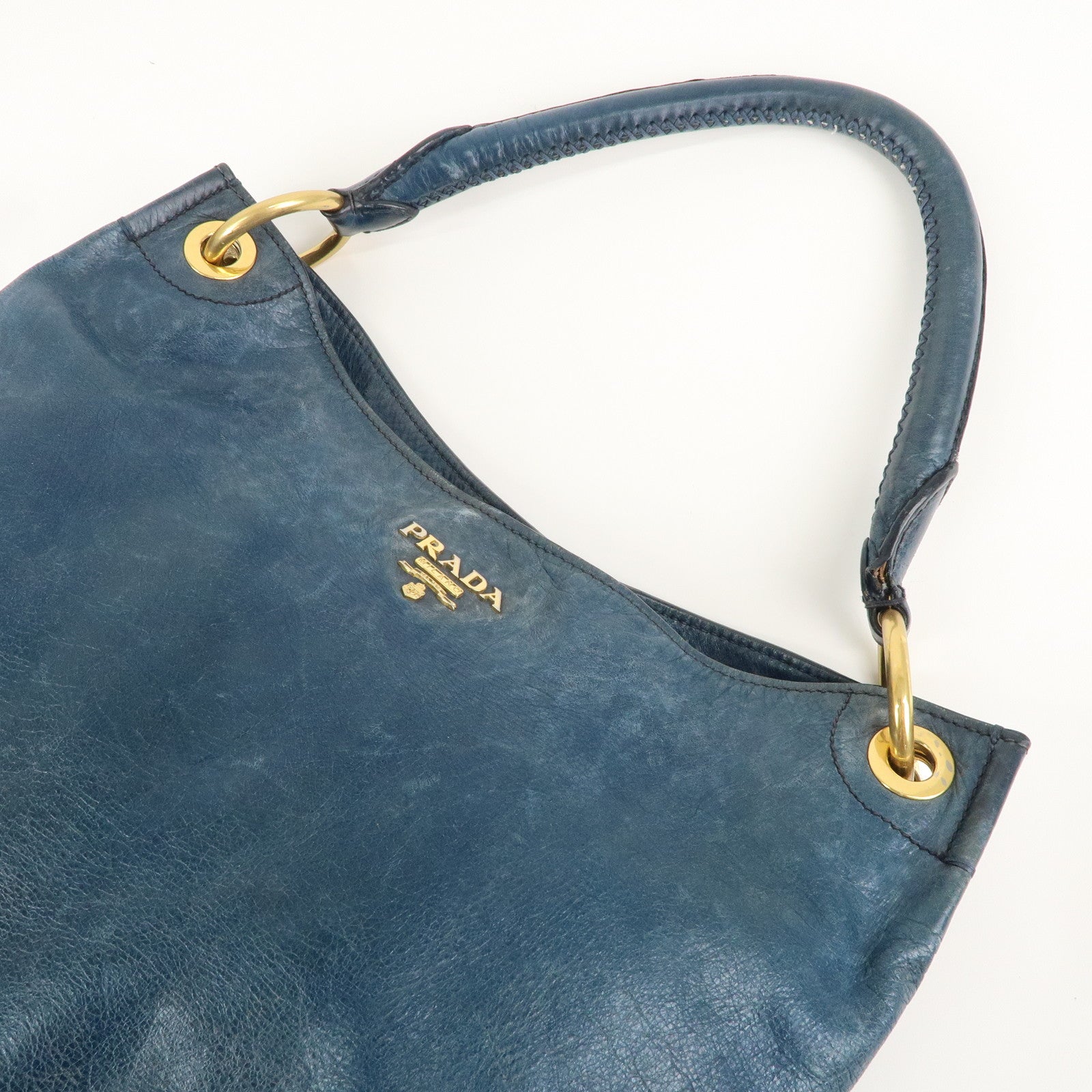 PRADA Logo Leather One Shoulder Bag Blue Gold Hardware BR4829