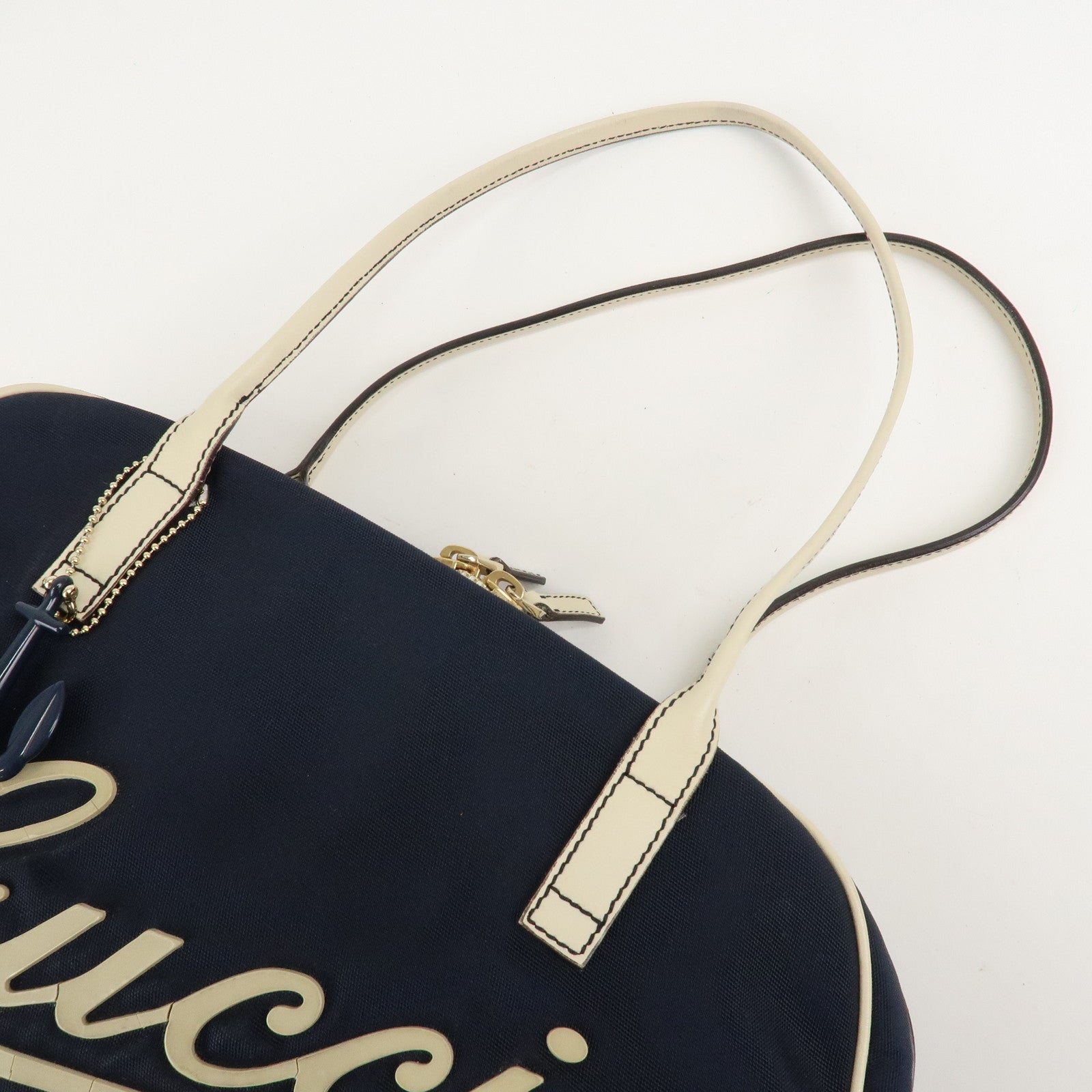 GUCCI Canvas Leather Boston Bag Hand Bag Navy Ivory 169973