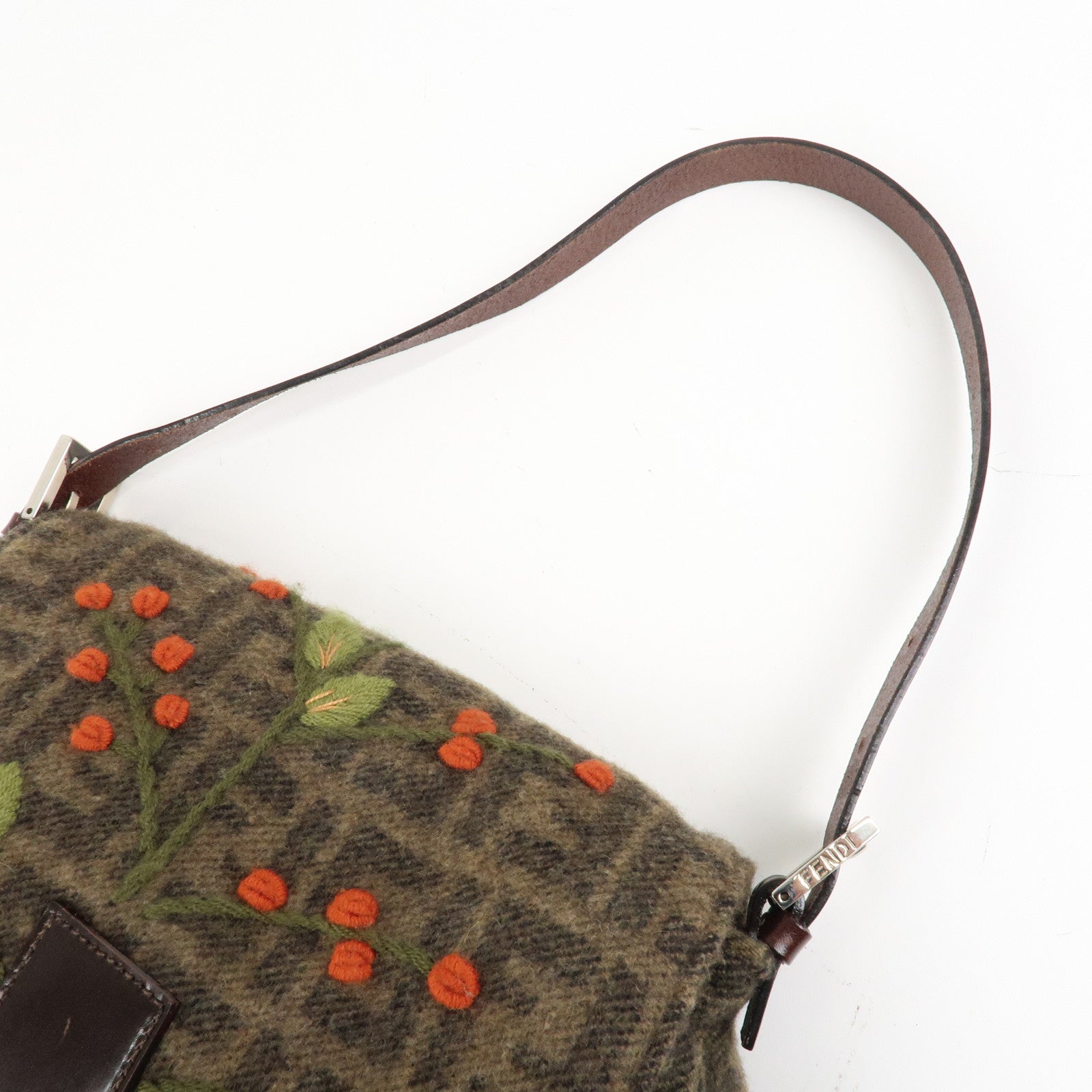 FENDI Mamma Baguette Zucca Wool Leather Shoulder Bag Flower Used