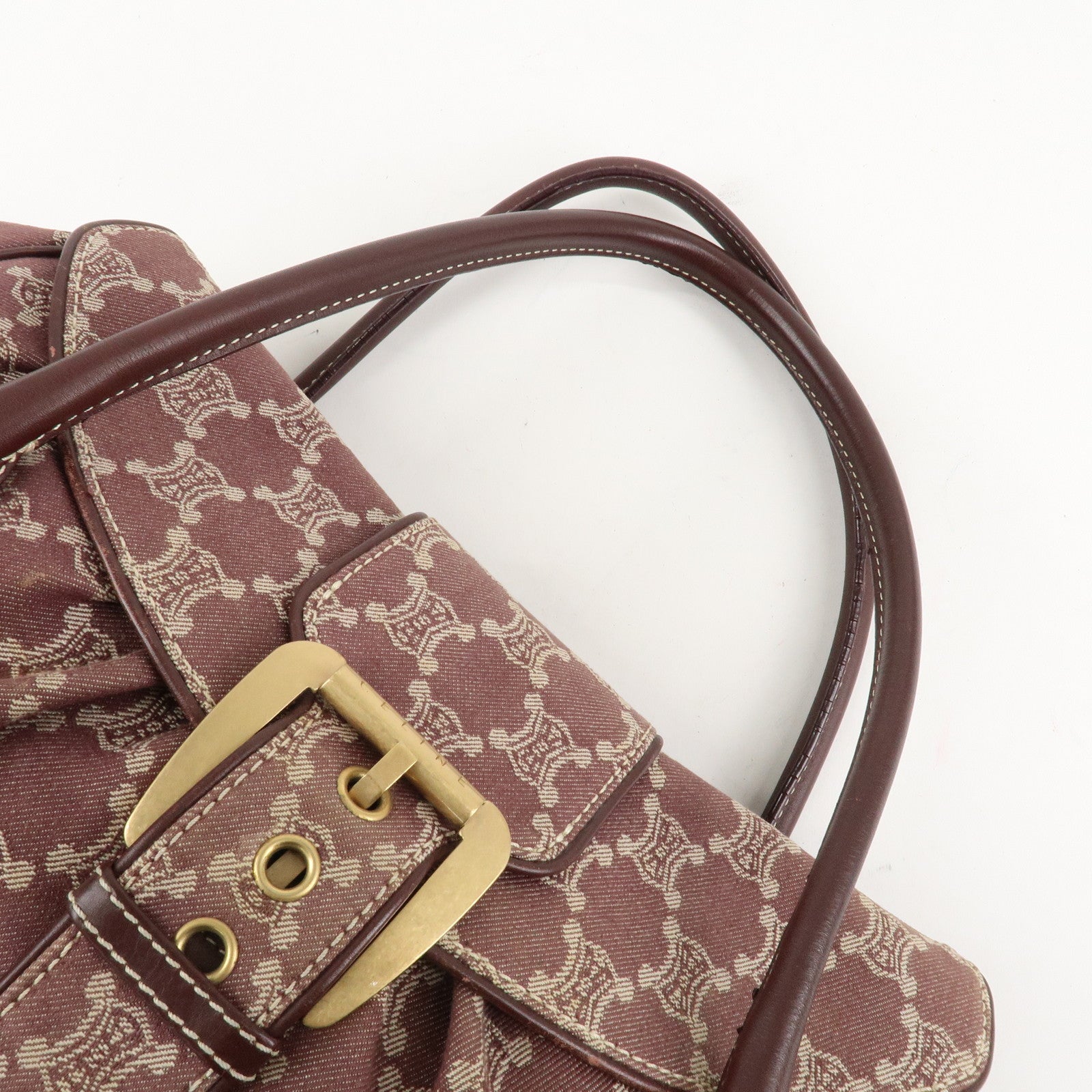 CELINE Macadam Denim Leather Tote Shoulder Bag Bordeaux White Used