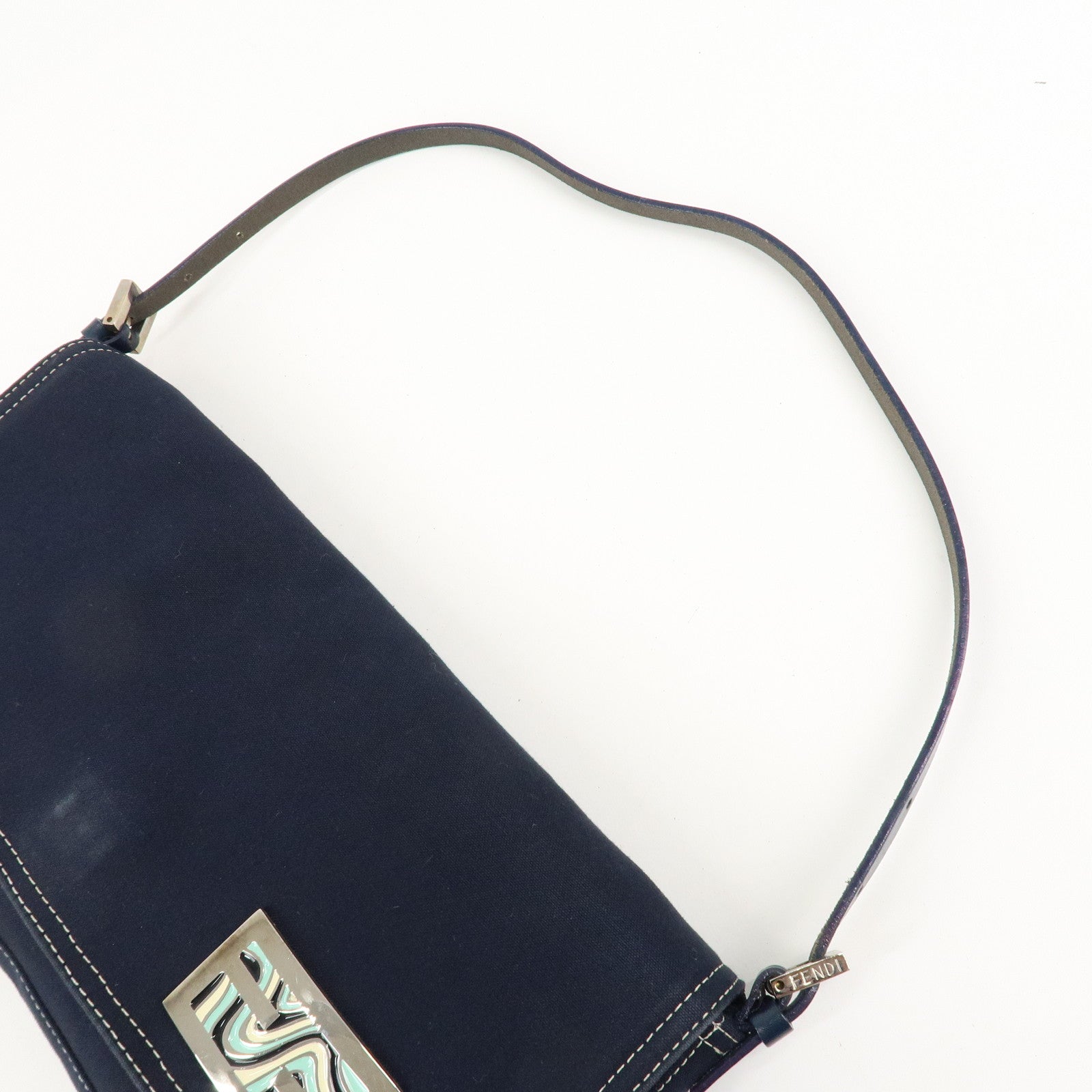 FENDI Canvas Leather Semi Shoulder Bag Hand Bag Navy Silver