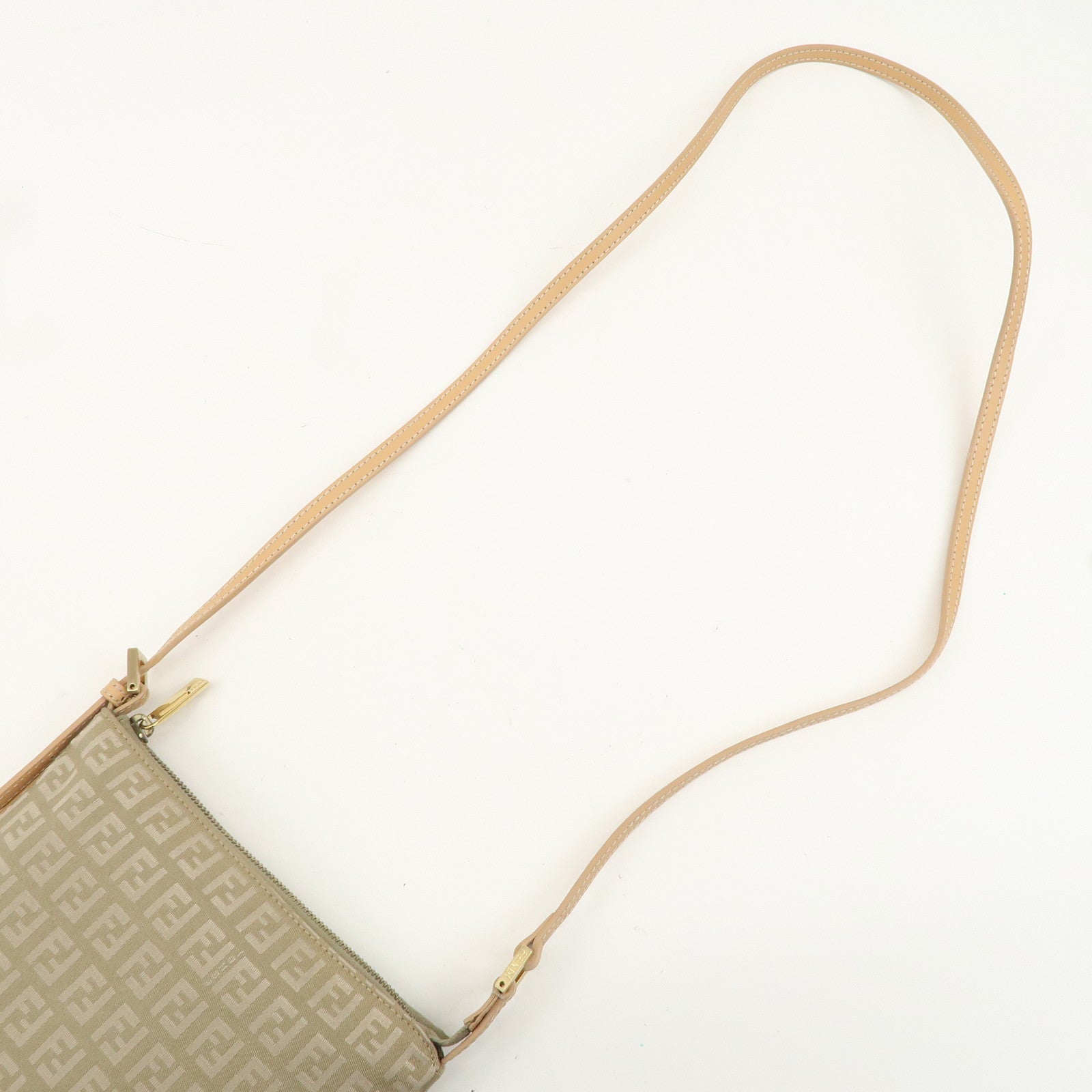 FENDI Zucchino Canvas Leather Shoulder Bag Beige