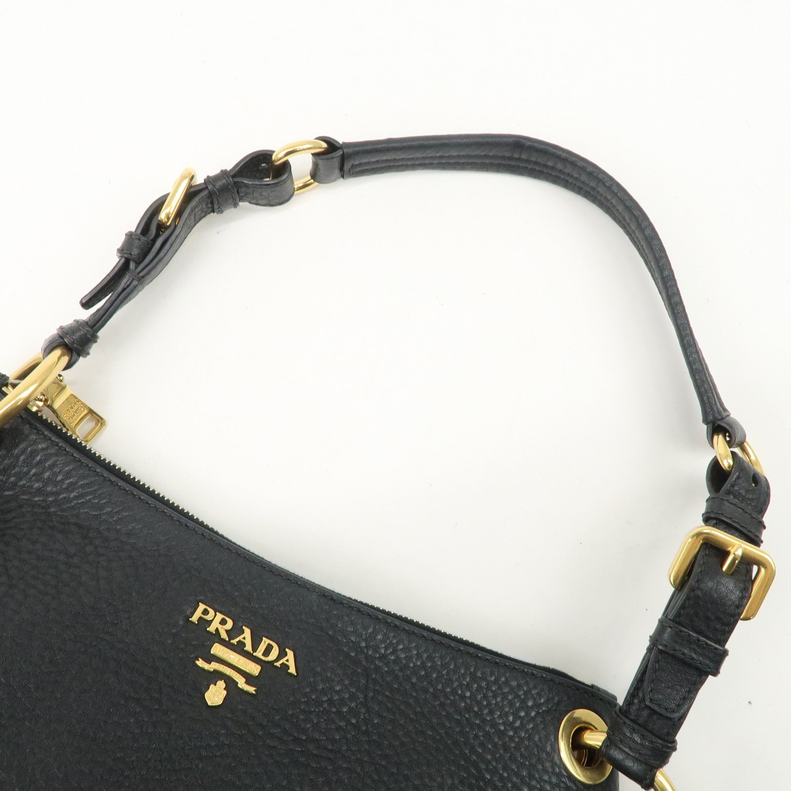 PRADA Logo Leather One-Shoulder Bag Hand Bag Black Gold Hardware Used