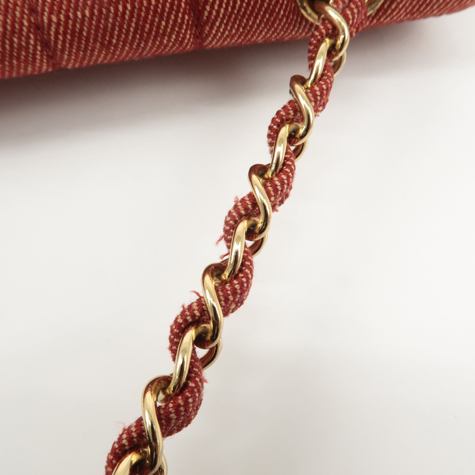 CHANEL Chocolate Bar Canvas Chain Shoulder Bag Red Gold