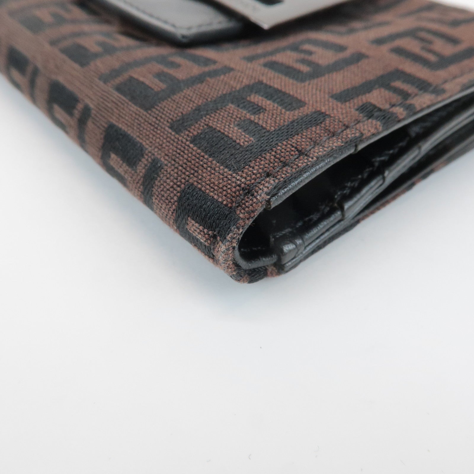 FENDI Zucca Canvas Leather Double Hook Wallet Brown Black 8M0035 Used
