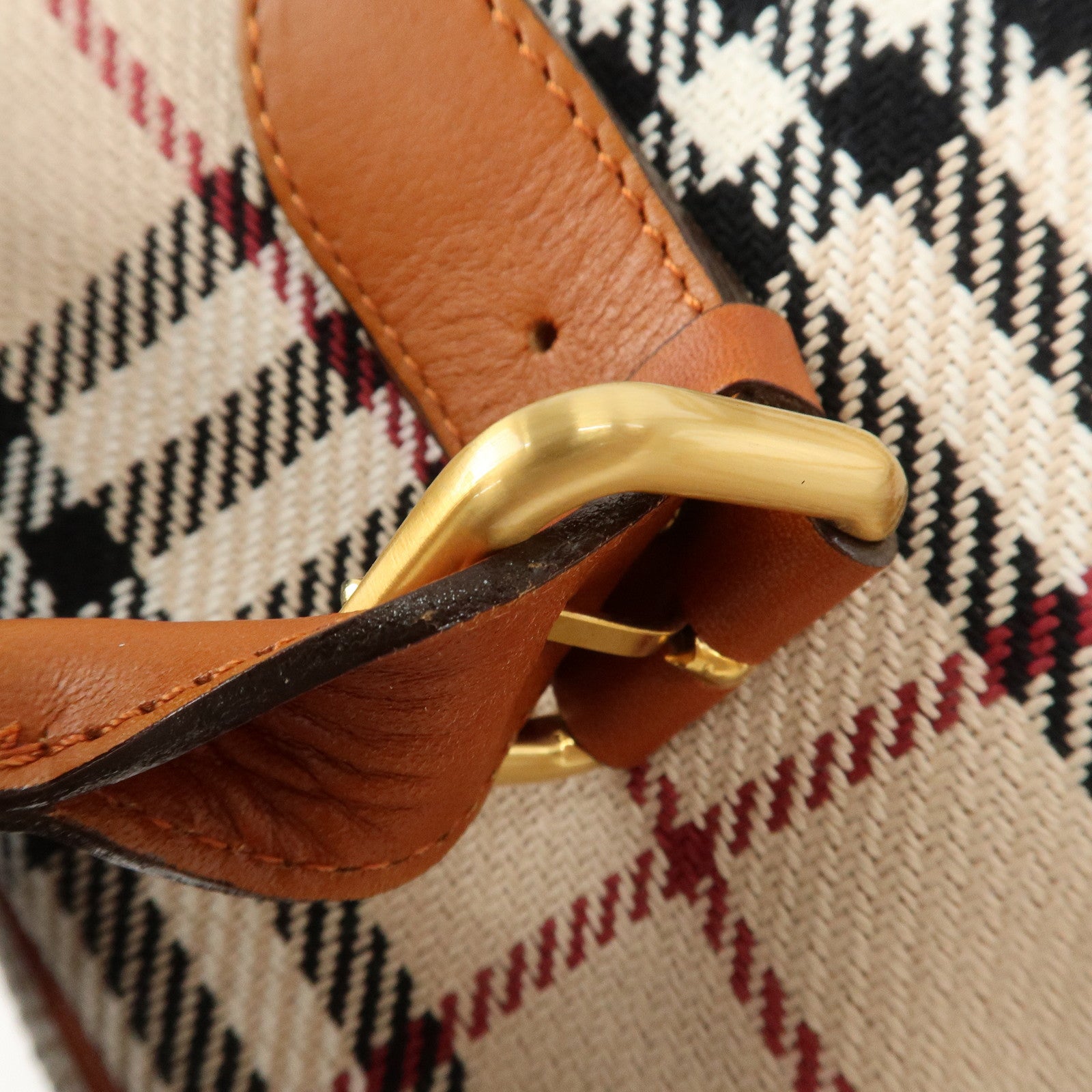 BURBERRY Leather Hand Bag Boston Bag Nova Plaid Brown Used