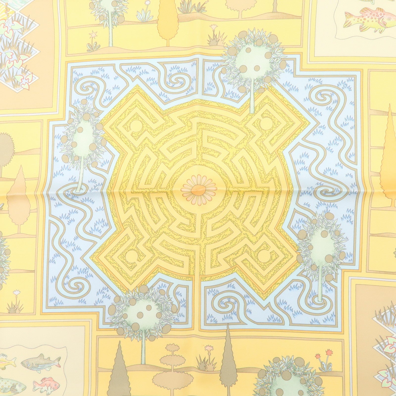 HERMES Carre 90 Silk 100%  Scarf  Paridaiza Yellow Blue Used