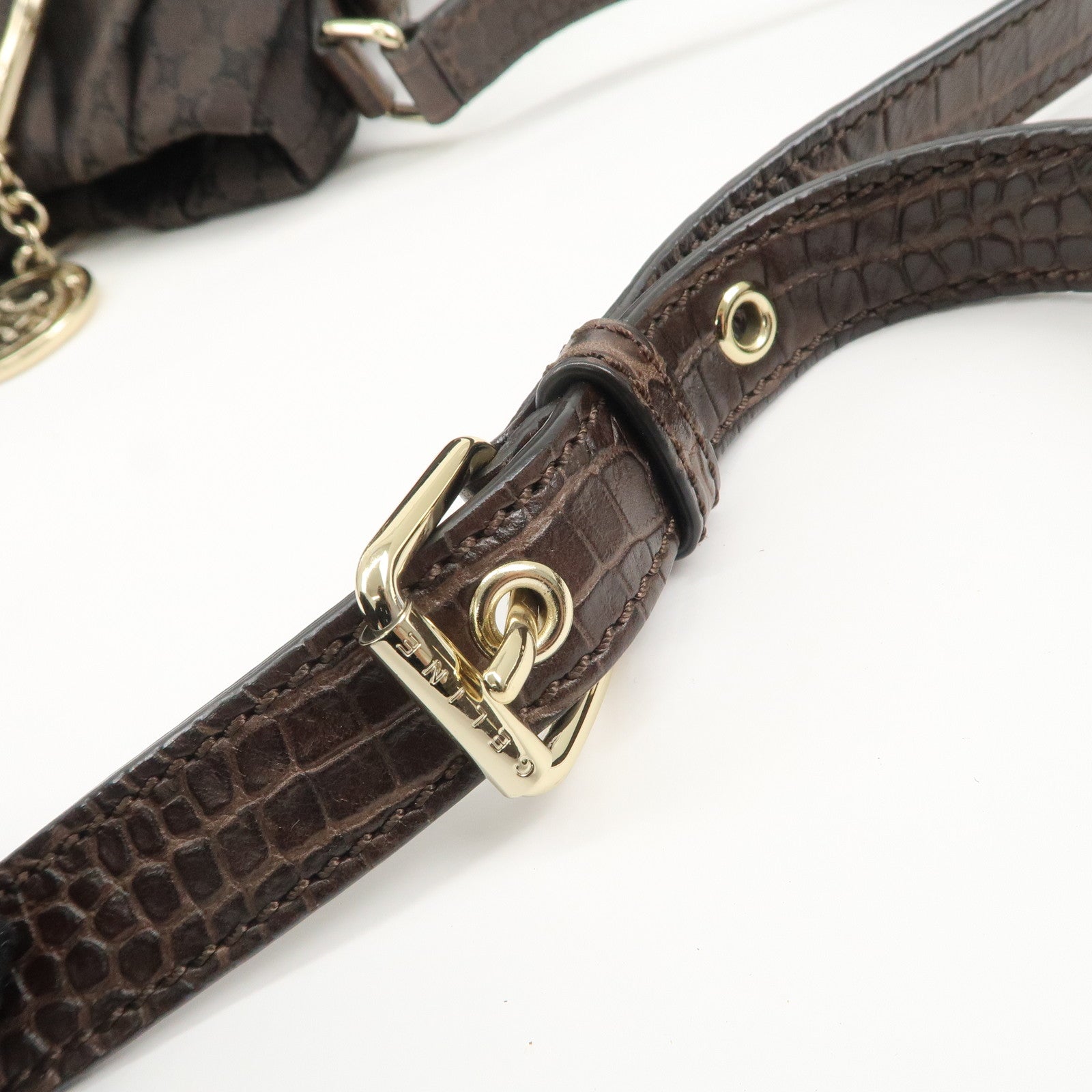 CELINE Macadam Canvas Leather 2Way Bag Gold Charm Dark Brown Used