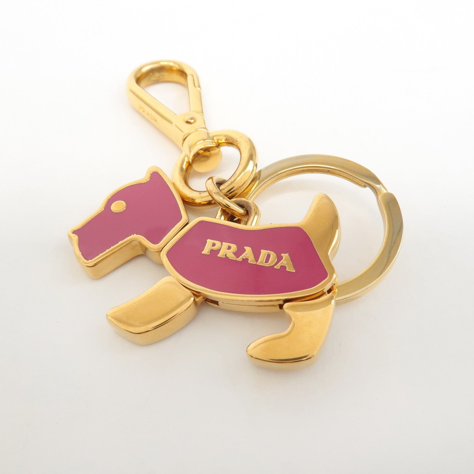 PRADA Metal Dog Motif Keychain Bag Charm Gold Pink 1PS402